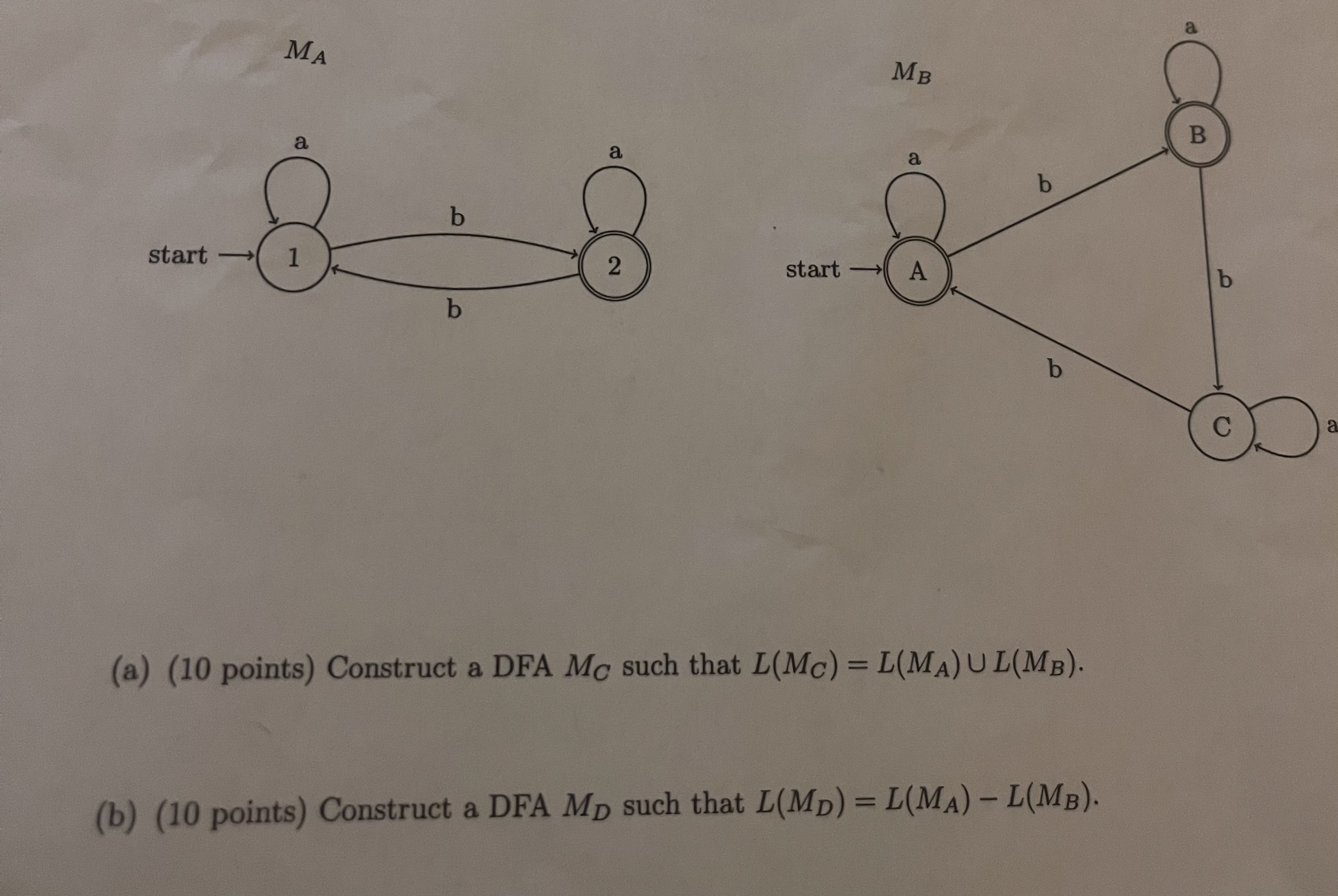 M A ( a ) ( 1 0 points ) Construct a DFA M C such