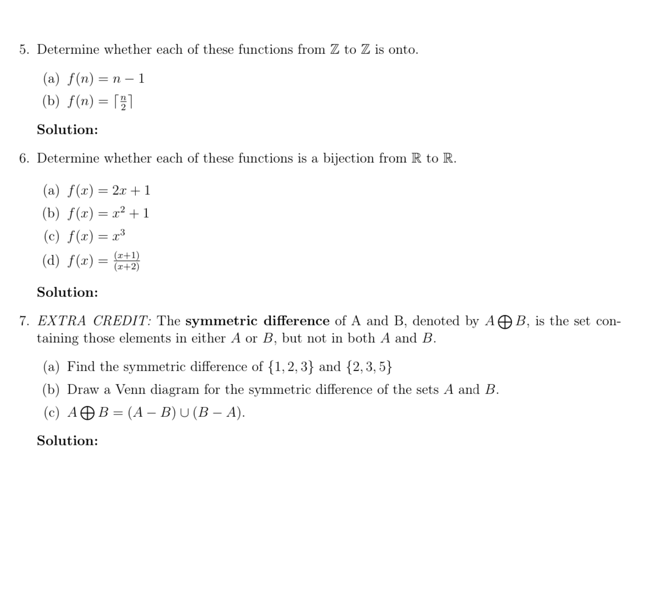 Determine whether each of these functions from Z