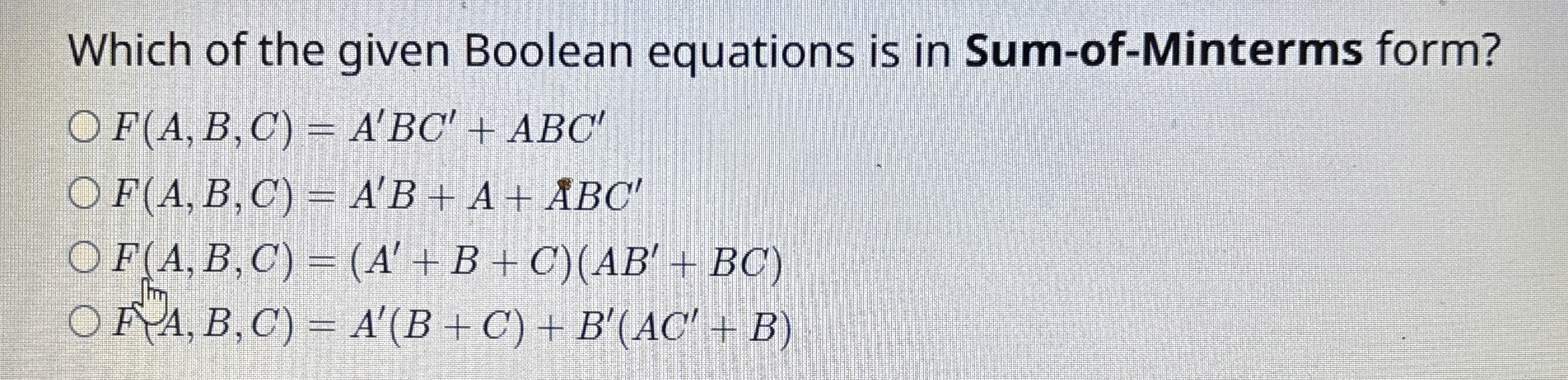 Which of the given Boolean equations is in Sum -