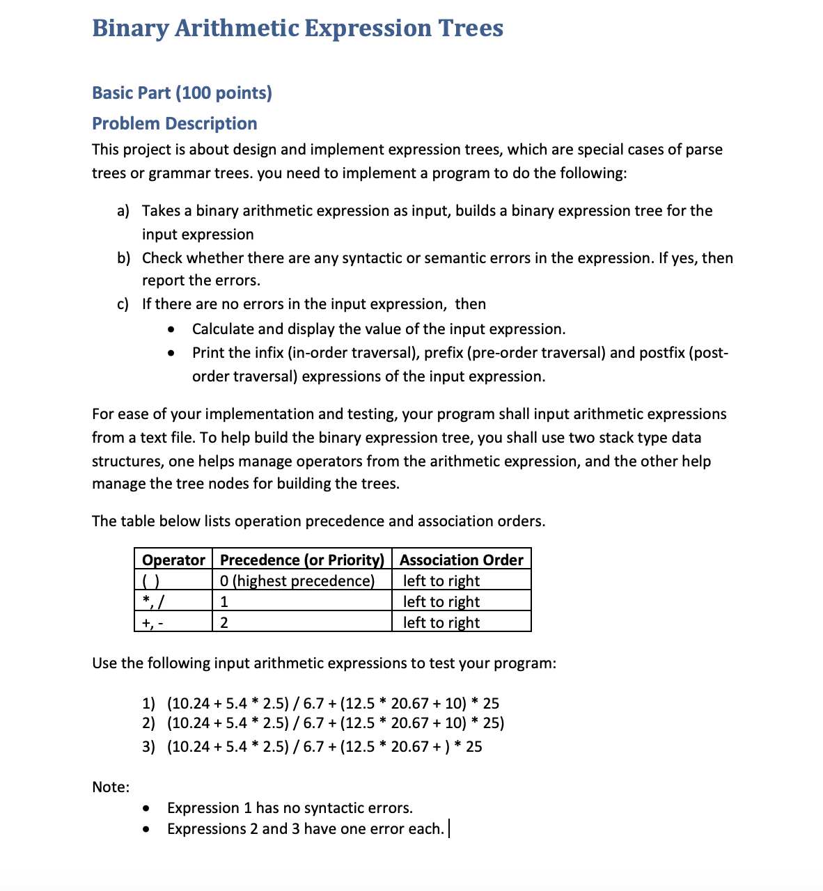 Binary Arithmetic Expression Trees Basic Part ( 1