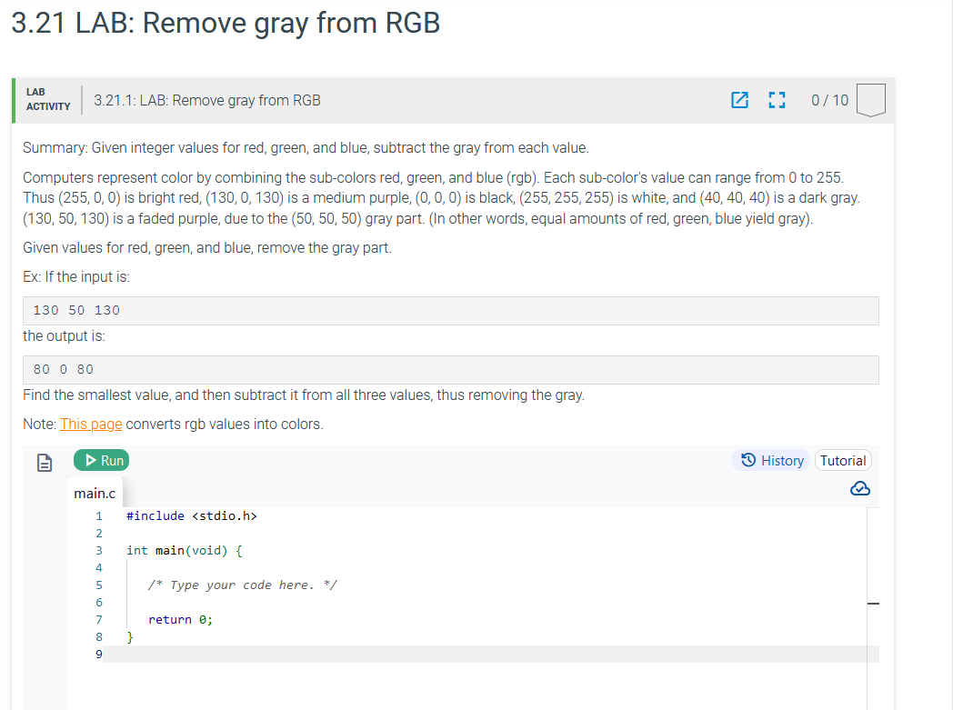 LAB 3 . 2 1 . 1 : LAB: Remove gray from RGB