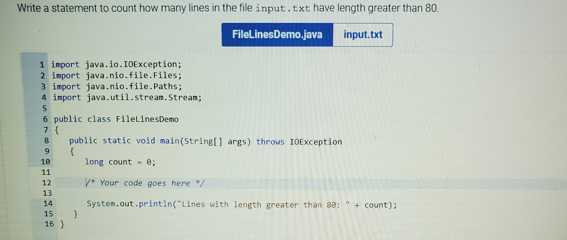Write a statement to count how many lines in the