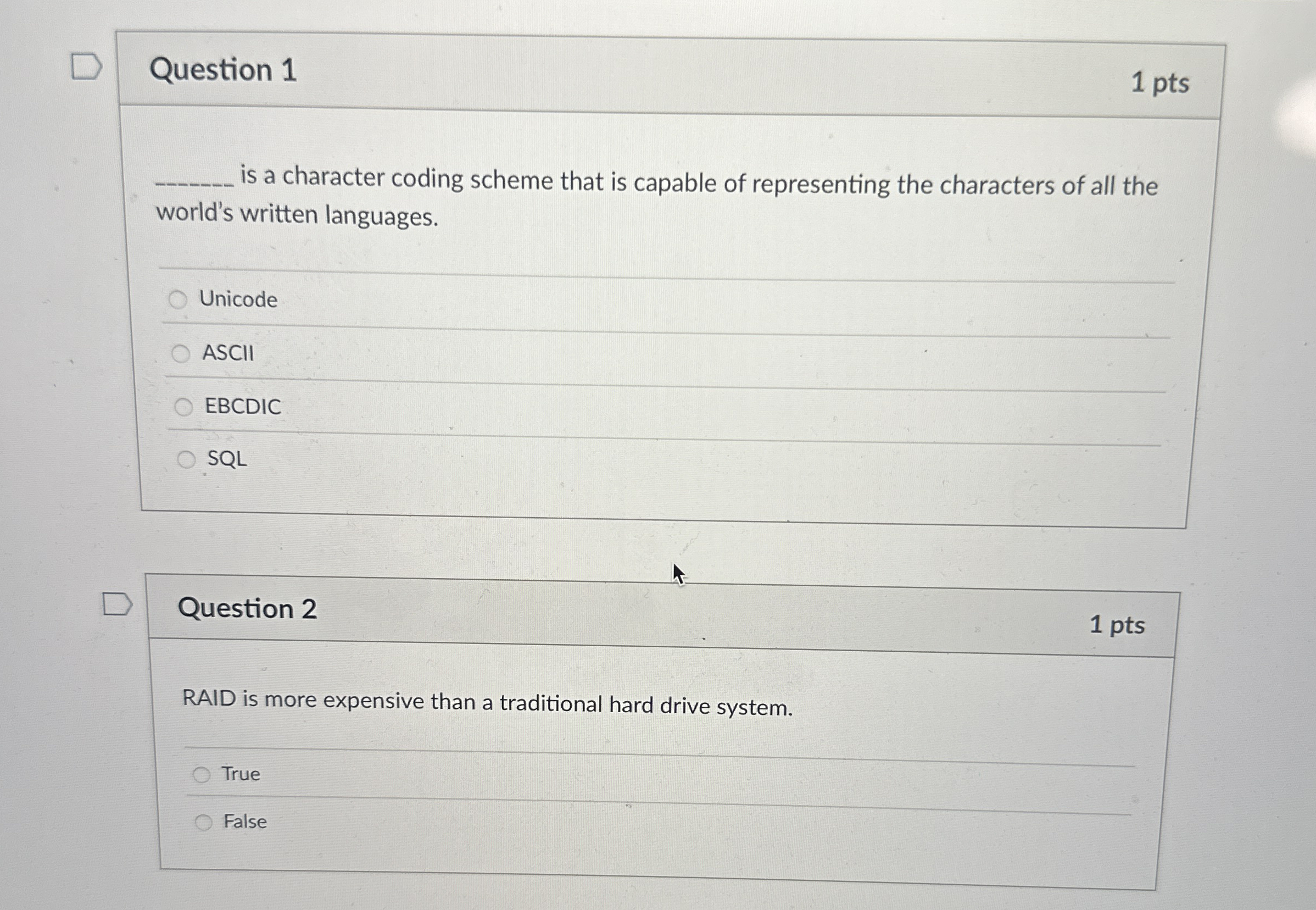 Question 1 is a character coding scheme that is