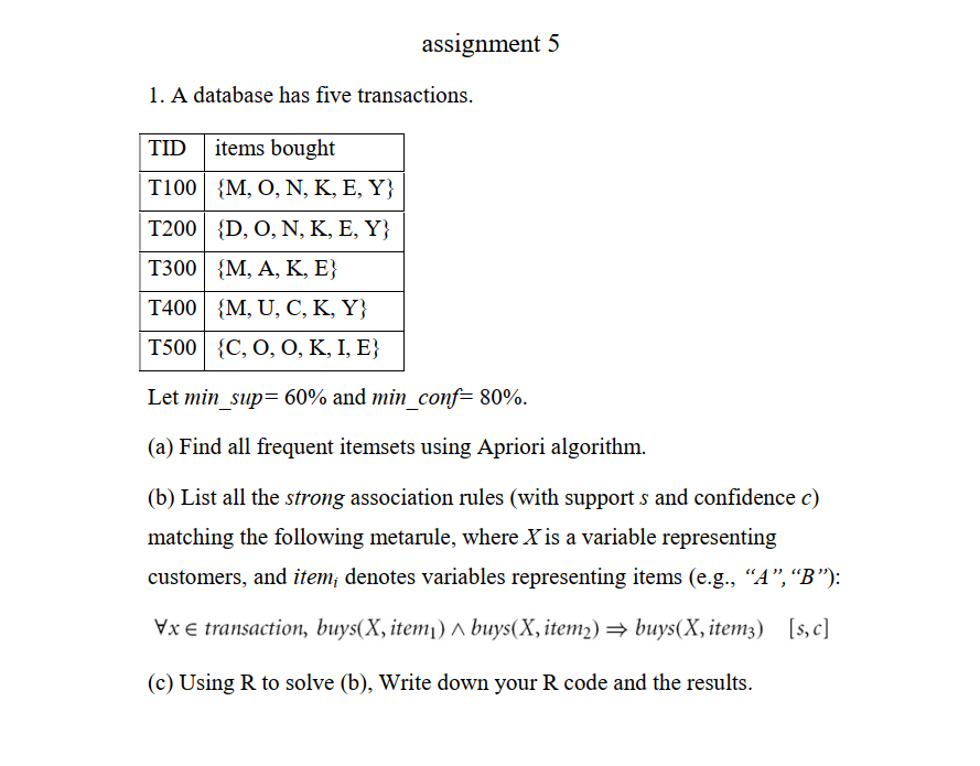 assignment 5 A database has five transactions. \