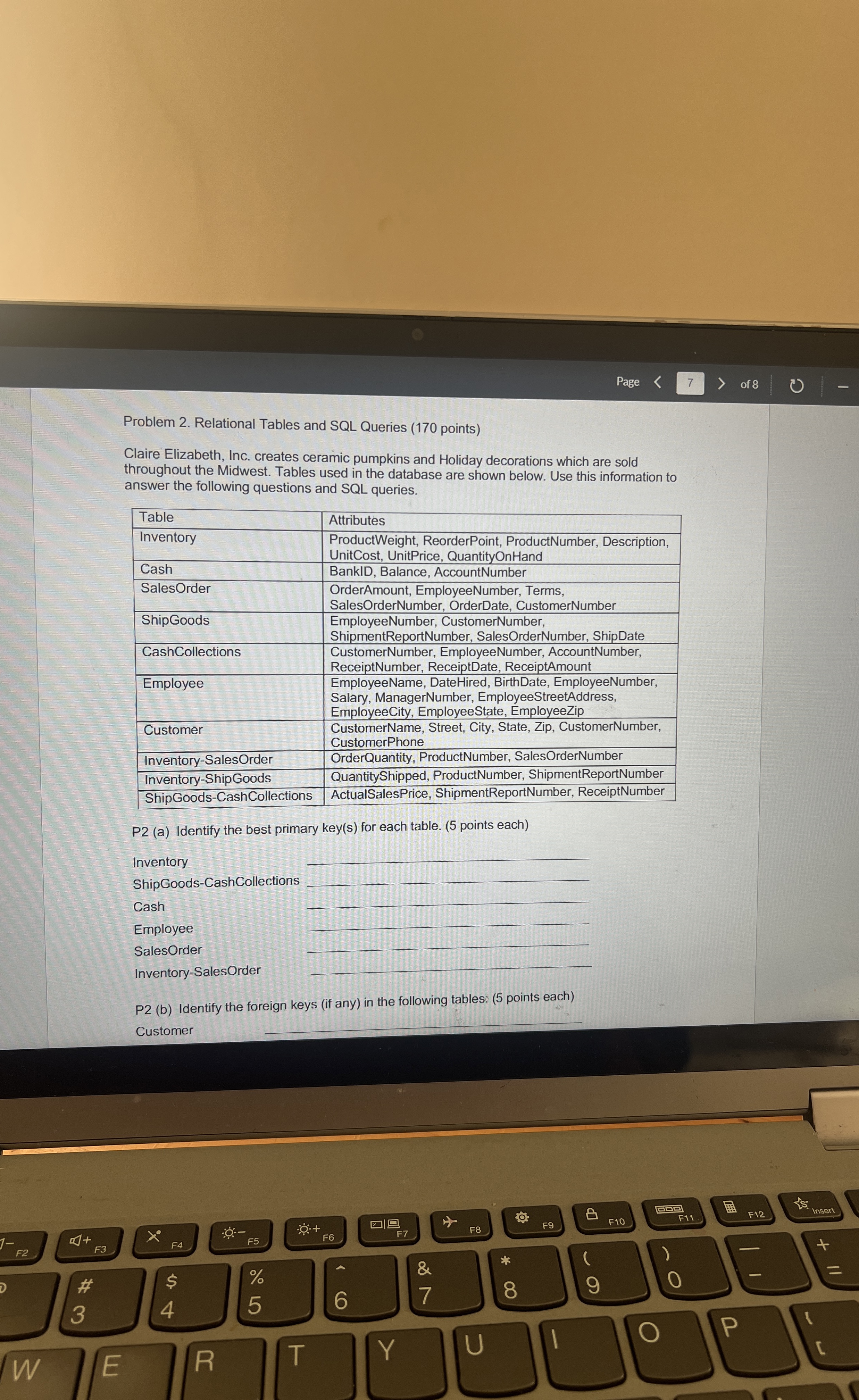 Page 7 of 8 Problem 2 . Relational Tables and SQL
