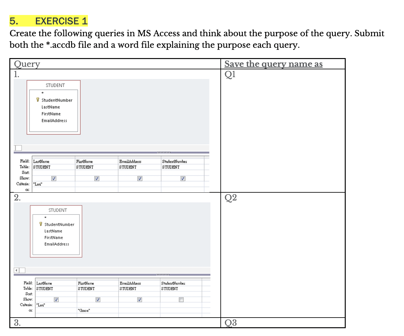EXERCISE 1 Create the following queries in MS