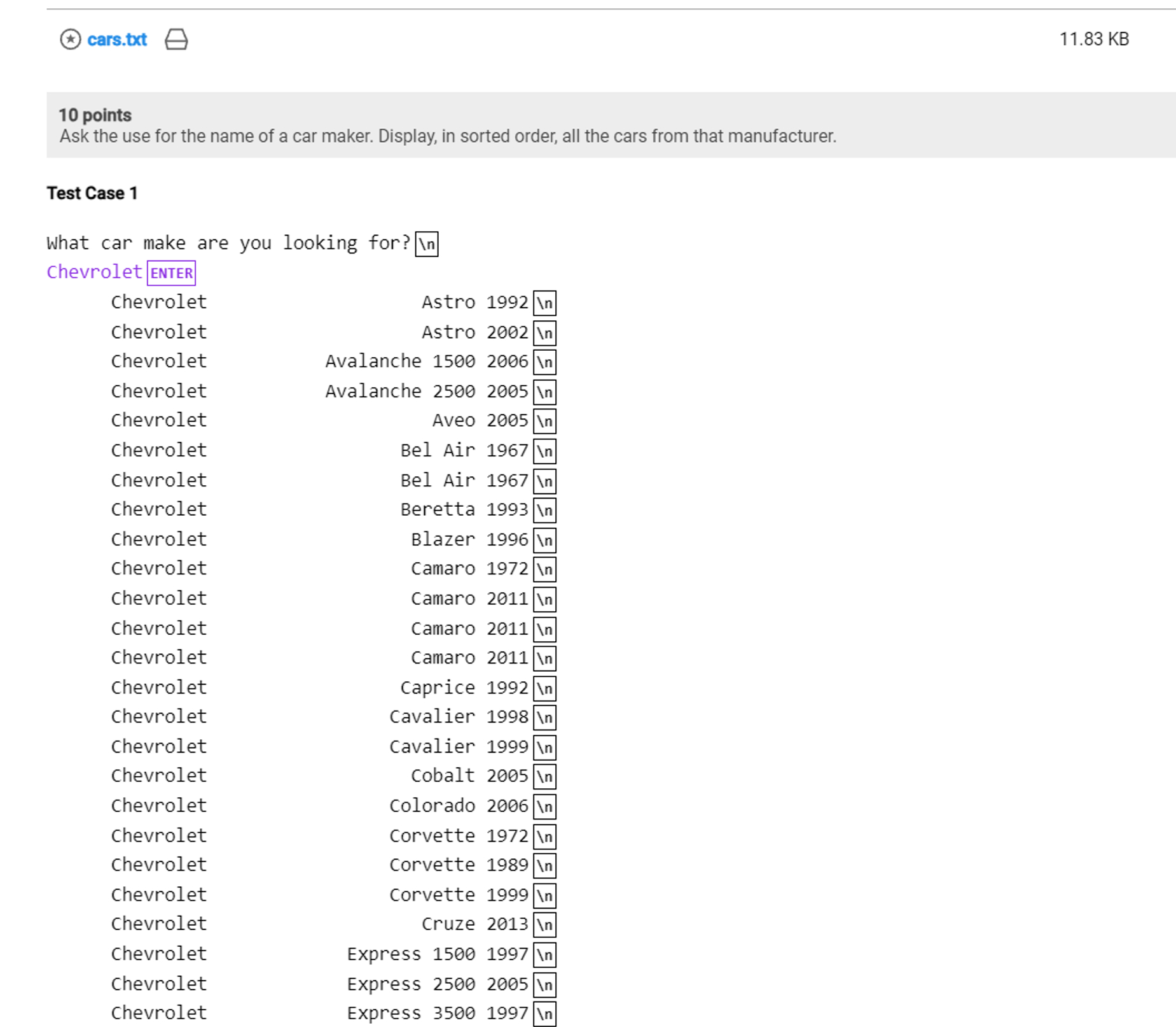 IN JAVA please. Ask the use for the name of a car