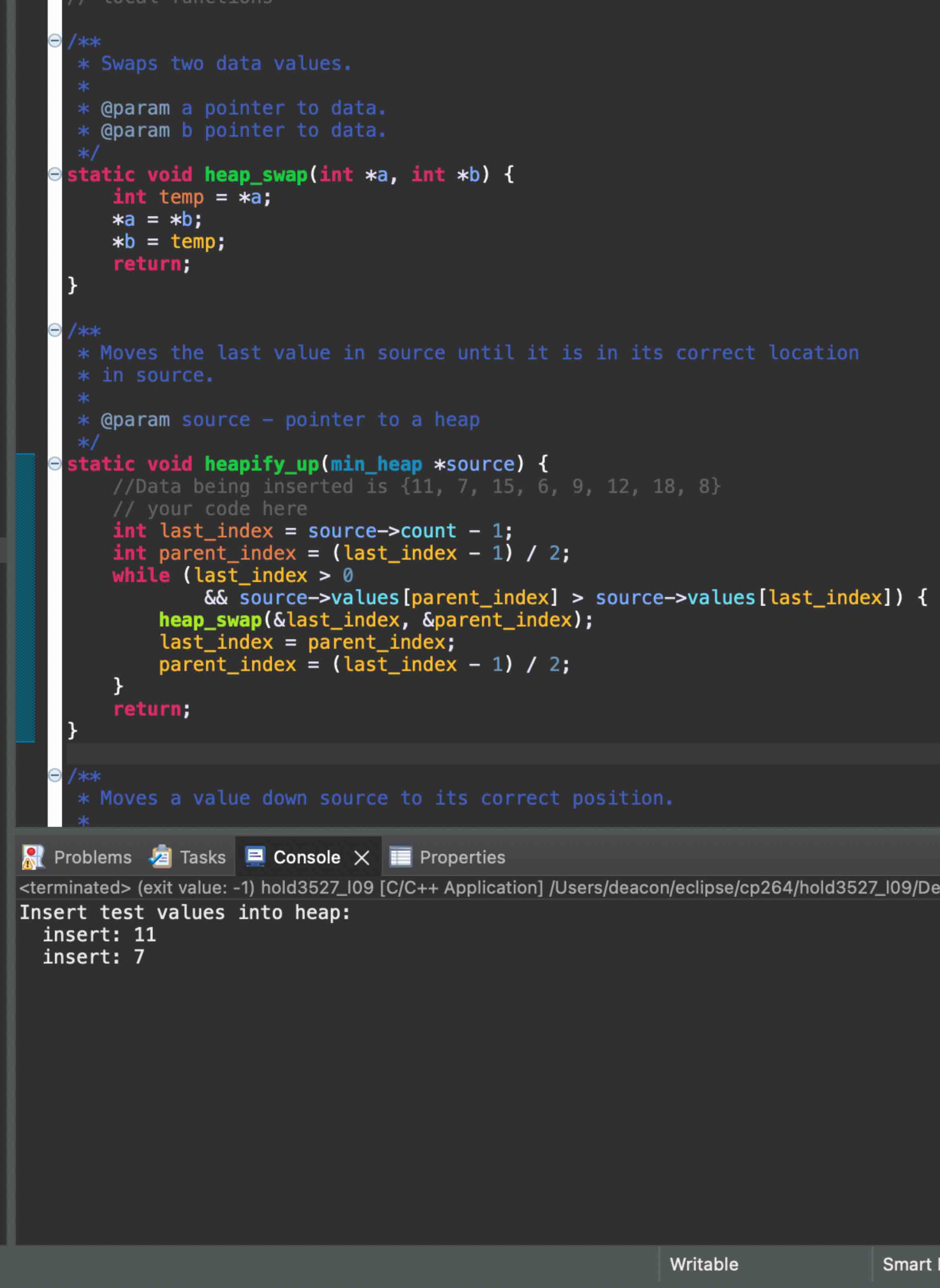 I am trying to implement a heapify up function