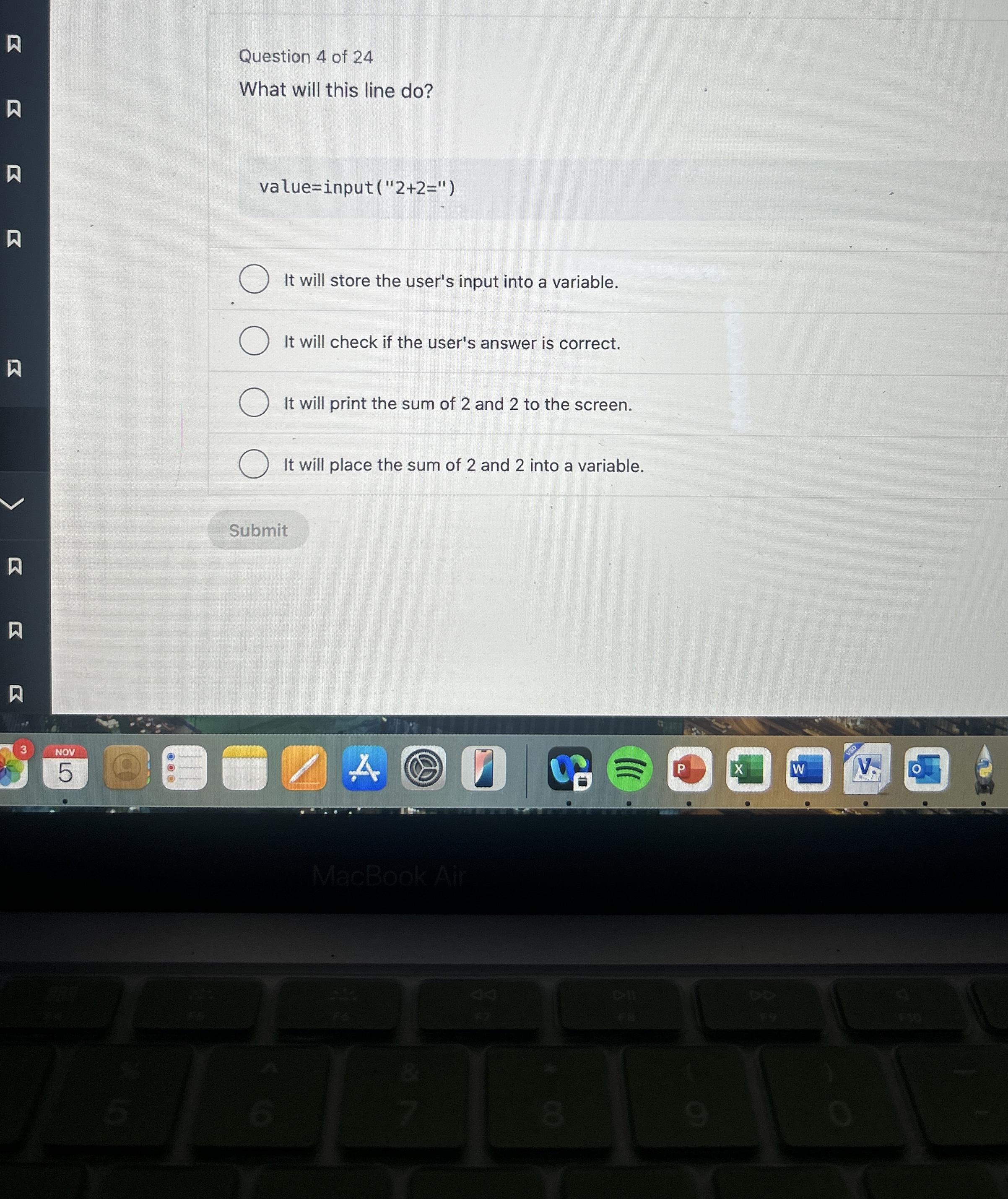 Question 4 of 2 4 What will this line do ? value
