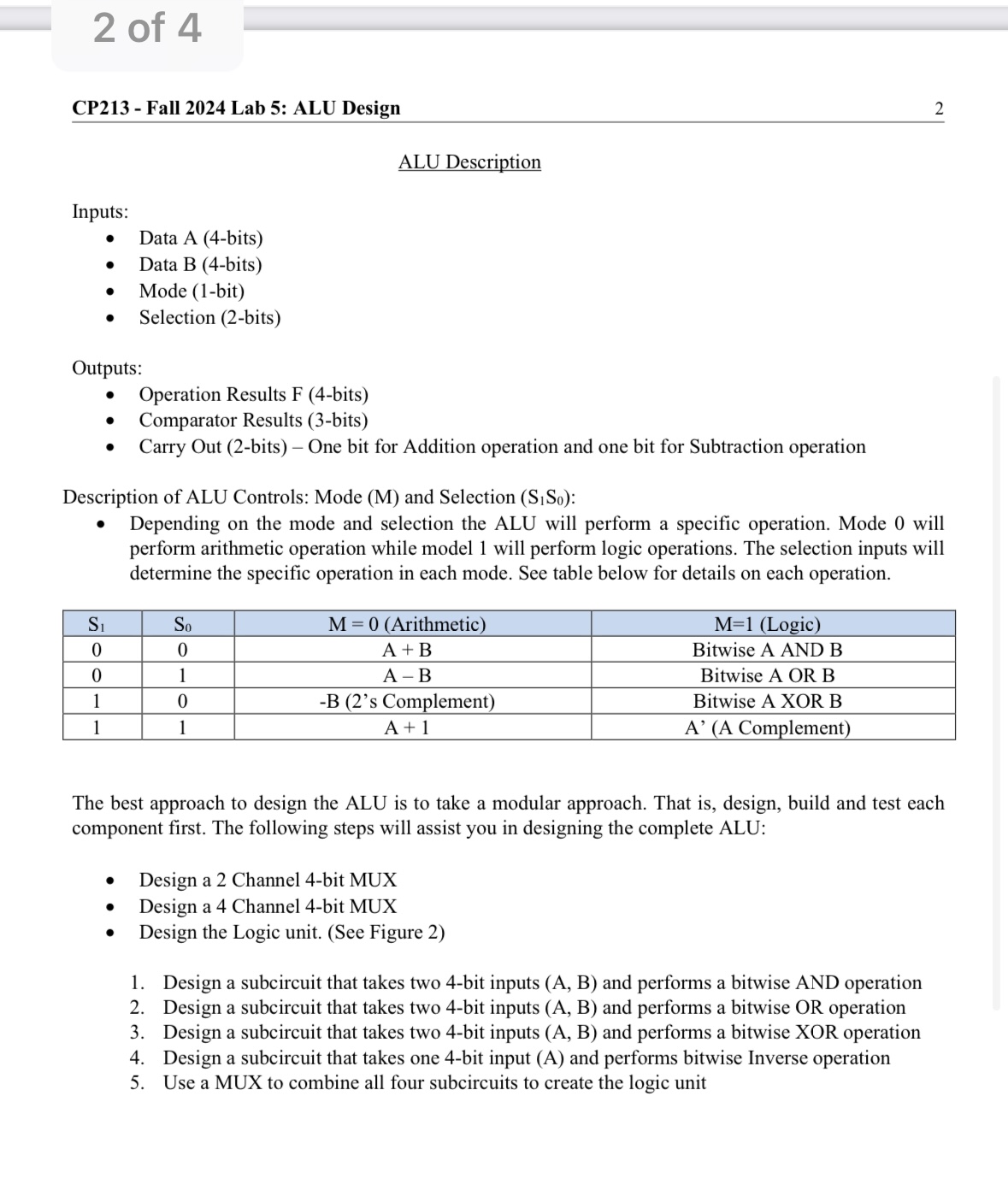 ALU Description Inputs: - Data A ( 4 - bits ) -