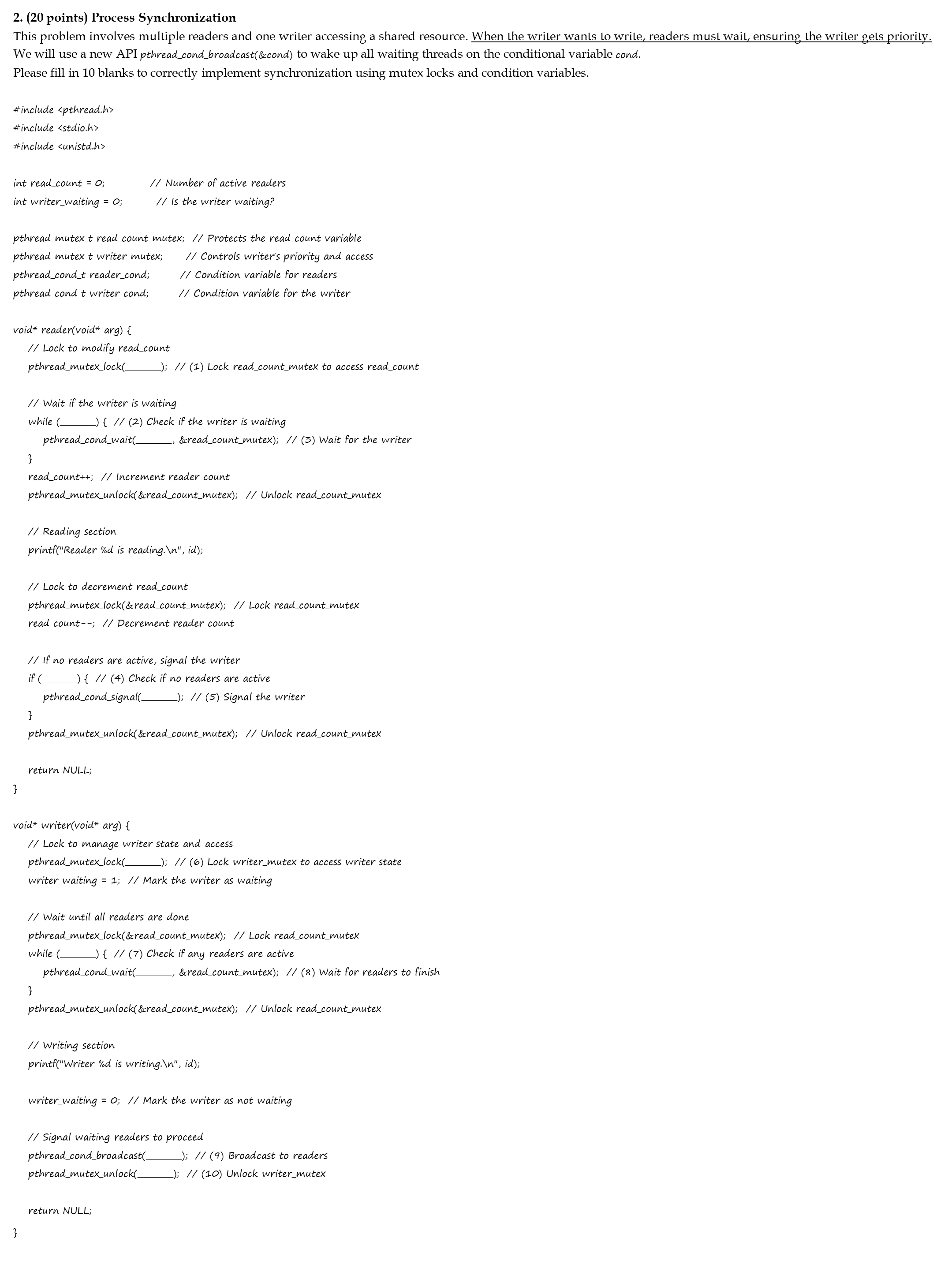 2 . ( 2 0 points ) Process Synchronization This
