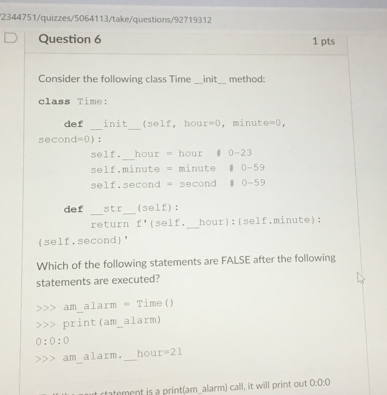 Question 6 Consider the following class Time init