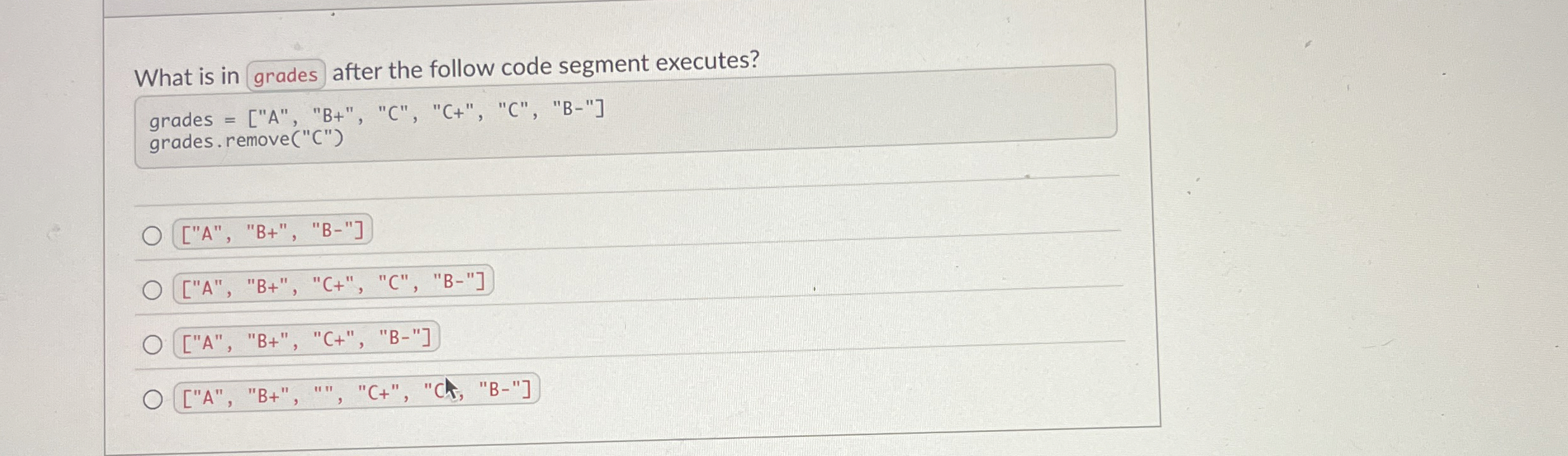 What is in grades after the follow code segment
