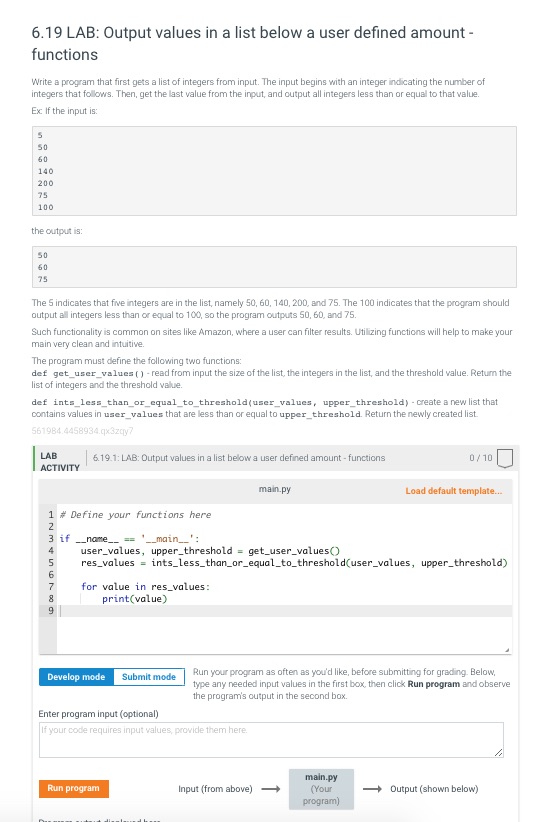 6 . 1 9 LAB: Output values in a list below a user