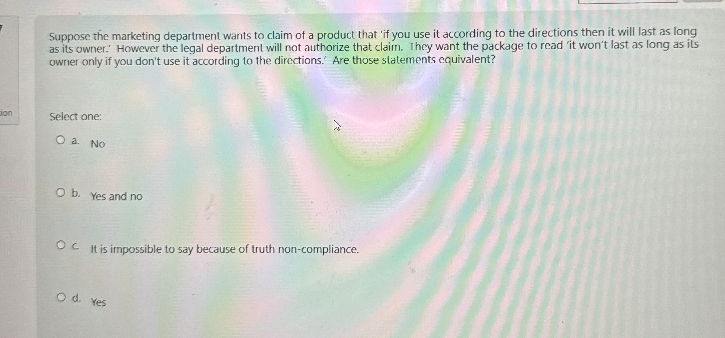 Suppose the marketing department wants to claim