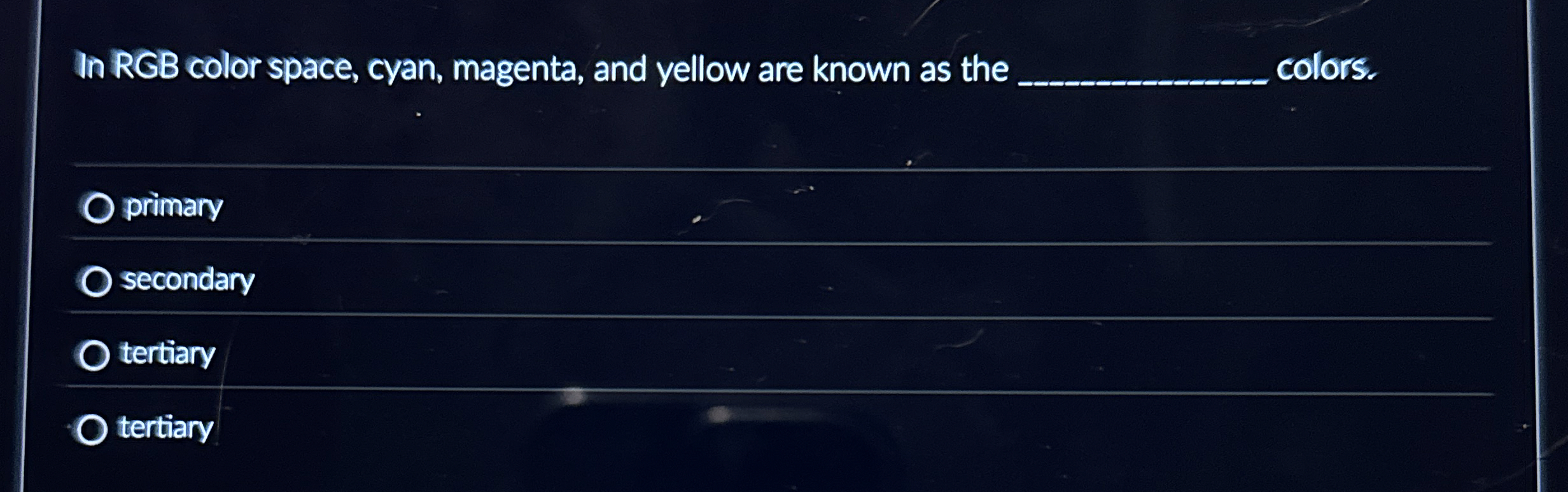 In RGB color space, cyan, magenta, and yellow are