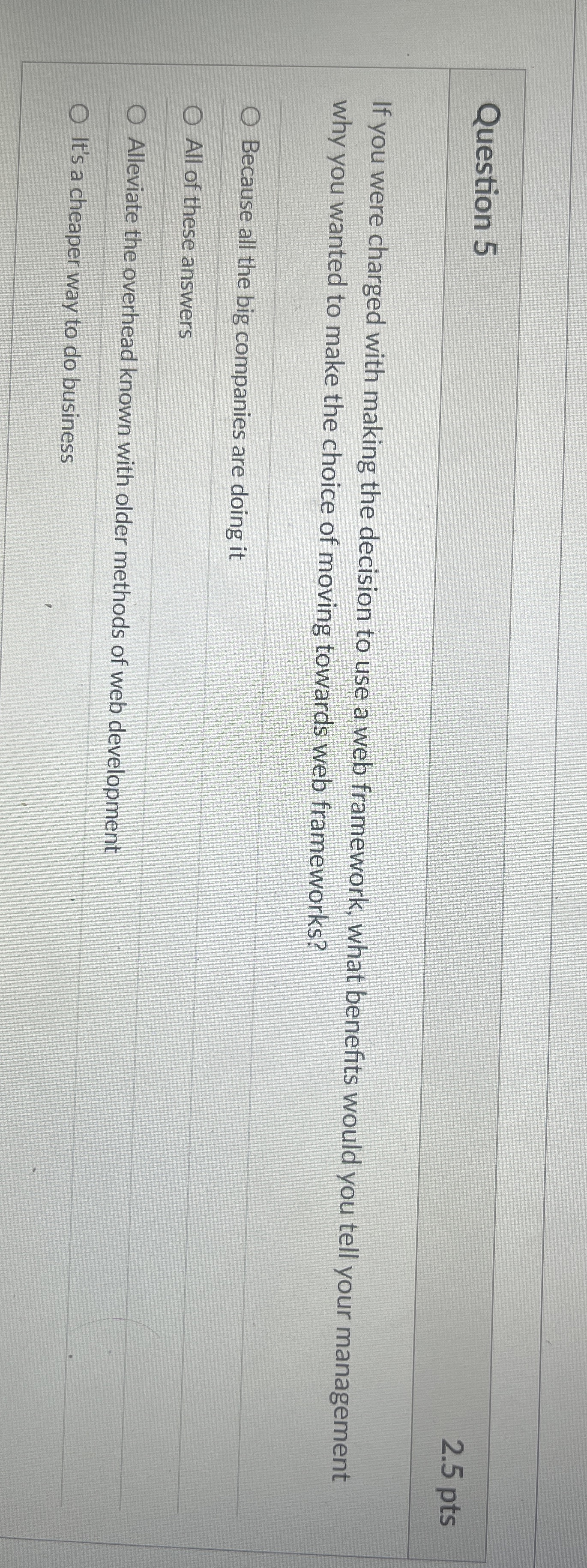 Question 5 2 . 5 pts If you were charged with