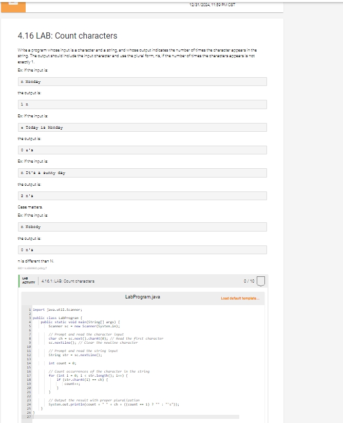 4 . 1 6 LAB: Count characters exactly 1 . Exifthe