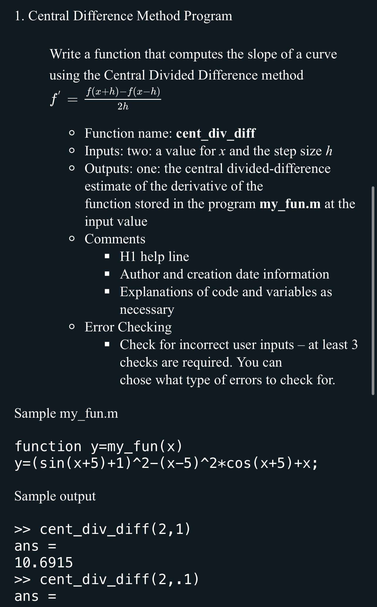 Central Difference Method Program Write a