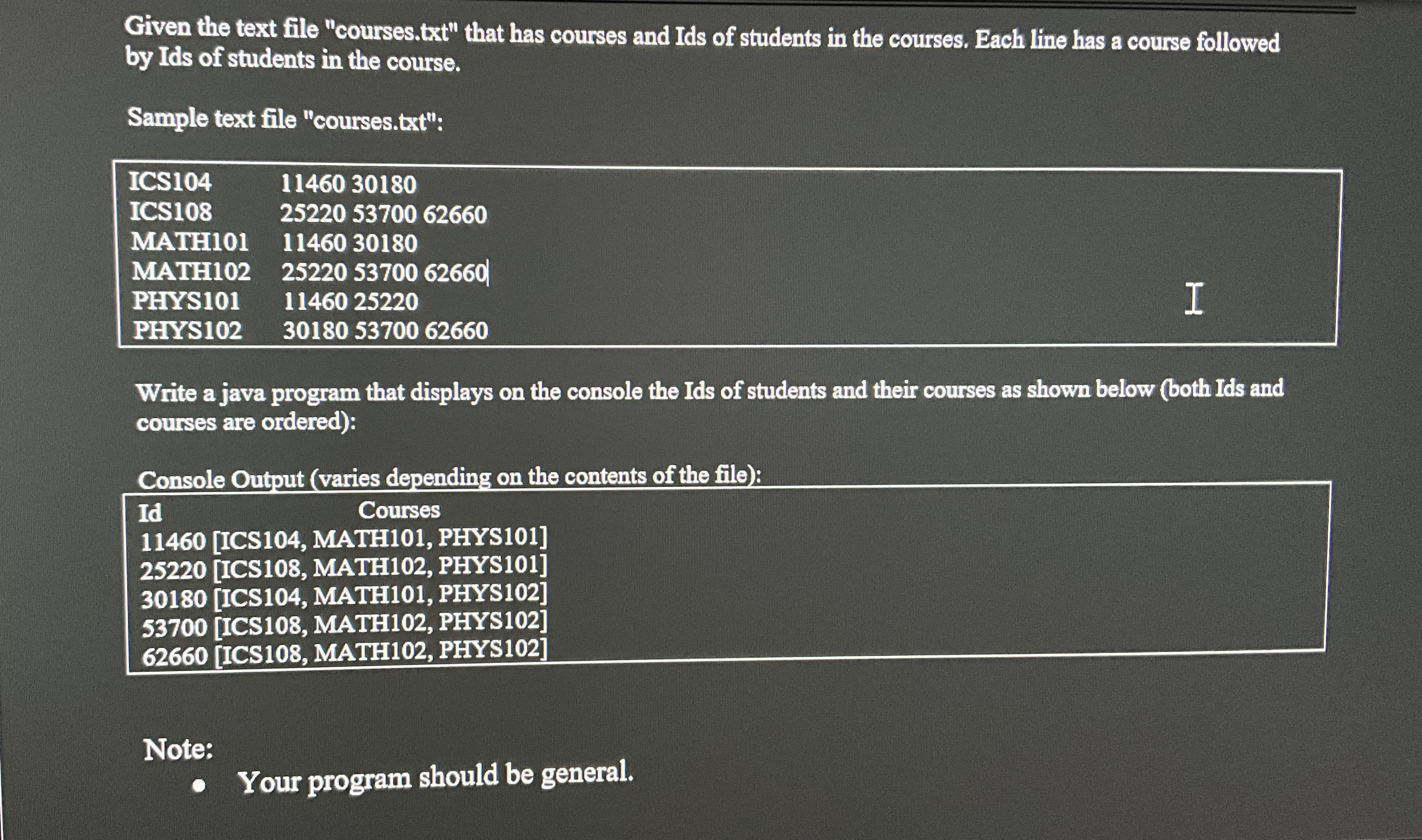 Given the text file "courses.txt " that has