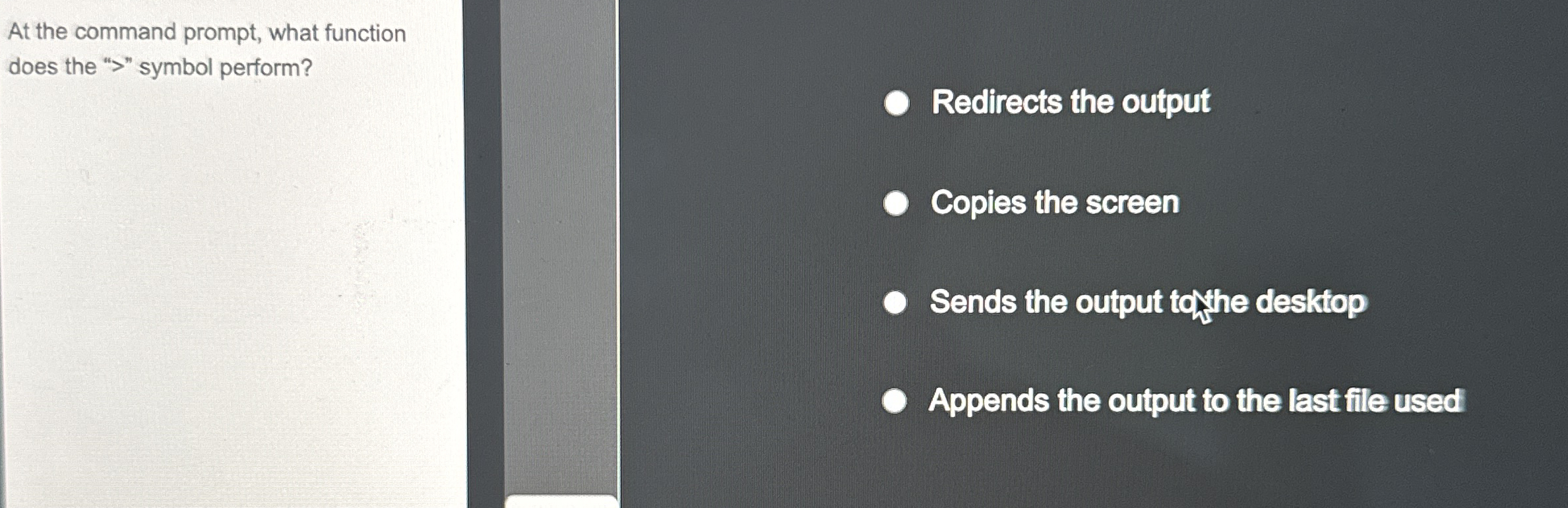 At the command prompt, what function does the "  style="width: 25%; display: block; margin-left: 0; margin-right: auto;"></a></div>                                                                                    </h2>
                                                                            </div>
                                </div>
                                                                <div class="related-question-statment col-md-12 col-lg-12">
                                    <div class="no-padding question-statement-complete-placement">
                                                                                <h2 class="small_h2">
                                            <a href="/study-help/questions/given-the-following-uml-which-of-the-following-statements-must-26359109"
                                               class="related-question-statement-styling">Given the following UML, which of the following statements must be true? The Farm class is an interface or abstract class. There is an aggregation or composition relationship between Farm and Product. There is inheritance from Product to Egg. Milk is a type of Product . There is inheritance between Farm and Product. There is a generalization</a>                                                                                    </h2>
                                                                            </div>
                                </div>
                                                                <div class="related-question-statment col-md-12 col-lg-12">
                                    <div class="no-padding question-statement-complete-placement">
                                                                                <h2 class="small_h2">
                                            <a href="/study-help/questions/problem-3-a-friend-of-yours-collects-pennies-in-26359110"
                                               class="related-question-statement-styling">Problem 3 : A friend of yours collects pennies in a jar. After 6 months your friend counts all the pennies. Determine how many dollars, quarters, dimes, nickels, and left over pennies your friend will have if the pennies are cashed in and the number of coins are minimized. ( There are 1 0 0 pennies in a dollar, 2 5 pennies in a quarter, 1 0</a><div class="questionHolder"><a href="/study-help/questions/problem-3-a-friend-of-yours-collects-pennies-in-26359110"><img src="https://dsd5zvtm8ll6.cloudfront.net/si.experts.images/questions/2025/01/67938f74e8770_76467938f7447a17.jpg" alt="Problem 3 : A friend of yours collects pennies in" class="sc-sj7gtn-1 fkZXya" style="width: 25%; display: block; margin-left: 0; margin-right: auto;"></a></div>                                                                                    </h2>
                                                                            </div>
                                </div>
                                                                <div class="related-question-statment col-md-12 col-lg-12">
                                    <div class="no-padding question-statement-complete-placement">
                                                                                <h2 class="small_h2">
                                            <a href="/study-help/questions/q-is-a-common-standard-for-use-by-layer-26359111"
                                               class="related-question-statement-styling">q , is a common standard for use by layer 2 access VPNs for encapsulation. L 2 TP VPN 2 Encapsule 2 TCP / IP PPP</a><div class="questionHolder"><a href="/study-help/questions/q-is-a-common-standard-for-use-by-layer-26359111"><img src="https://dsd5zvtm8ll6.cloudfront.net/si.experts.images/questions/2025/01/67938f7543d62_76467938f7476c41.jpg" alt="q , is a common standard for use by layer 2" class="sc-sj7gtn-1 fkZXya" style="width: 25%; display: block; margin-left: 0; margin-right: auto;"></a></div>                                                                                    </h2>
                                                                            </div>
                                </div>
                                                                <div class="related-question-statment col-md-12 col-lg-12">
                                    <div class="no-padding question-statement-complete-placement">
                                                                                <h2 class="small_h2">
                                            <a href="/study-help/questions/a-home-network-is-an-example-of-a-lan-wan-26359112"
                                               class="related-question-statement-styling">A home network is an example of a LAN WAN</a><div class="questionHolder"><a href="/study-help/questions/a-home-network-is-an-example-of-a-lan-wan-26359112"><img src="https://dsd5zvtm8ll6.cloudfront.net/si.experts.images/questions/2025/01/67938f7541554_76467938f74827fb.jpg" alt="A home network is an example of a LAN WAN" class="sc-sj7gtn-1 fkZXya" style="width: 25%; display: block; margin-left: 0; margin-right: auto;"></a></div>                                                                                    </h2>
                                                                            </div>
                                </div>
                                                                <div class="related-question-statment col-md-12 col-lg-12">
                                    <div class="no-padding question-statement-complete-placement">
                                                                                <h2 class="small_h2">
                                            <a href="/study-help/questions/consider-the-hypothetical-statement-there-is-a-9-0-26359113"
                                               class="related-question-statement-styling">Consider the hypothetical statement: "There is a 9 0 % chance that frequent urination is an indicator for diabetes." This can be represented using . . . Group of answer choices Markov chains Bayesian networks Causal networks Both 2 and 3</a>                                                                                    </h2>
                                                                            </div>
                                </div>
                                                                <div class="related-question-statment col-md-12 col-lg-12">
                                    <div class="no-padding question-statement-complete-placement">
                                                                                <h2 class="small_h2">
                                            <a href="/study-help/questions/what-is-the-unit-of-information-that-contains-mac-addresses-26359114"
                                               class="related-question-statement-styling">What is the unit of information that contains MAC addresses and an error checking code that s processed by the network interface layer?</a>                                                                                    </h2>
                                                                            </div>
                                </div>
                                                                <div class="related-question-statment col-md-12 col-lg-12">
                                    <div class="no-padding question-statement-complete-placement">
                                                                                <h2 class="small_h2">
                                            <a href="/study-help/questions/data-mining-is-the-process-of-validating-the-transactions-within-26359115"
                                               class="related-question-statement-styling">Data mining is the process of validating the transactions within the blockchain where the miners receive bitcoins for this validation True or False</a>                                                                                    </h2>
                                                                            </div>
                                </div>
                                                                <div class="related-question-statment col-md-12 col-lg-12">
                                    <div class="no-padding question-statement-complete-placement">
                                                                                <h2 class="small_h2">
                                            <a href="/study-help/questions/which-storage-type-is-appropriate-for-setting-up-a-cloud-26359117"
                                               class="related-question-statement-styling">Which storage type is appropriate for setting up a cloud solution for a company that needs optimized for unstructed data</a>                                                                                    </h2>
                                                                            </div>
                                </div>
                                                                <div class="related-question-statment col-md-12 col-lg-12">
                                    <div class="no-padding question-statement-complete-placement">
                                                                                <h2 class="small_h2">
                                            <a href="/study-help/questions/powerpoint-is-an-example-of-what-type-of-software-26359118"
                                               class="related-question-statement-styling">PowerPoint is an example of what type of software</a>                                                                                    </h2>
                                                                            </div>
                                </div>
                                                                <div class="related-question-statment col-md-12 col-lg-12">
                                    <div class="no-padding question-statement-complete-placement">
                                                                                <h2 class="small_h2">
                                            <a href="/study-help/questions/which-features-of-azure-open-ai-studio-playground-is-able-26359119"
                                               class="related-question-statement-styling">which features of azure open AI studio playground is able to support conversation in and message oit scemarios</a>                                                                                    </h2>
                                                                            </div>
                                </div>
                                                                <div class="related-question-statment col-md-12 col-lg-12">
                                    <div class="no-padding question-statement-complete-placement">
                                                                                <h2 class="small_h2">
                                            <a href="/study-help/questions/a-genetic-algorithm-for-symptom-that-could-be-a-cold-26359120"
                                               class="related-question-statement-styling">a genetic algorithm for symptom that could be a cold or flu maybe allergy problem</a>                                                                                    </h2>
                                                                            </div>
                                </div>
                                                                <div class="related-question-statment col-md-12 col-lg-12">
                                    <div class="no-padding question-statement-complete-placement">
                                                                                <h2 class="small_h2">
                                            <a href="/study-help/questions/why-is-being-able-to-search-data-important-in-industry-26359121"
                                               class="related-question-statement-styling">Why is being able to search data important in industry? Why is being able to sort data important in industry? Why are arrays or lists a critical data structure needed for searching and sorting data? Are there other data structures that we can use to search out sort data? Java is the code</a><div class="questionHolder"><a href="/study-help/questions/why-is-being-able-to-search-data-important-in-industry-26359121"><img src="https://dsd5zvtm8ll6.cloudfront.net/si.experts.images/questions/2025/01/67938f75eddcf_76567938f7593aa7.jpg" alt="Why is being able to search data important in" class="sc-sj7gtn-1 fkZXya" style="width: 25%; display: block; margin-left: 0; margin-right: auto;"></a></div>                                                                                    </h2>
                                                                            </div>
                                </div>
                                                                <div class="related-question-statment col-md-12 col-lg-12">
                                    <div class="no-padding question-statement-complete-placement">
                                                                                <h2 class="small_h2">
                                            <a href="/study-help/questions/which-of-the-following-would-be-an-example-of-a-26359122"
                                               class="related-question-statement-styling">Which of the following would be an example of a boundary spanner in a restaurant? neither the server nor the host / hostess both the server and the host / hostess the host / hostess that seats diners the server</a>                                                                                    </h2>
                                                                            </div>
                                </div>
                                                                <div class="related-question-statment col-md-12 col-lg-12">
                                    <div class="no-padding question-statement-complete-placement">
                                                                                <h2 class="small_h2">
                                            <a href="/study-help/questions/cell-a-1-has-a-value-of-6-a-26359123"
                                               class="related-question-statement-styling">Cell A 1 has a value of 6 . A 2 has 2 . We type in this formula in A 3 : = A 1 = A 2 What do we get in A 3 ? Which formula will calculate the average based on a condition? That is , return the average of sales if City = Chicago ?</a>                                                                                    </h2>
                                                                            </div>
                                </div>
                                                                <div class="related-question-statment col-md-12 col-lg-12">
                                    <div class="no-padding question-statement-complete-placement">
                                                                                <h2 class="small_h2">
                                            <a href="/study-help/questions/explain-why-e-w-8-1-must-26359124"
                                               class="related-question-statement-styling">Explain why E ( W ) > 8 1 must hold by applying Jensens inequality</a>                                                                                    </h2>
                                                                            </div>
                                </div>
                                                                <div class="related-question-statment col-md-12 col-lg-12">
                                    <div class="no-padding question-statement-complete-placement">
                                                                                <h2 class="small_h2">
                                            <a href="/study-help/questions/prove-the-statements-in-1-2-1-8-26359125"
                                               class="related-question-statement-styling">Prove the statements in 1 2 , 1 8 , 2 8 , 3 2 , 3 8 , 5 5 , 6 0 for { : 2 n 4 , n 2 : ) = 2 n If n is an even integer, then n 2 - 1 is odd If x 2 + 2 x - 3 = 0 , then x 2 ( ! = is "not equals" ) If the product of two integers is not divisible by an integer n , then neither integer is divisible by n The difference of two consecutive cubes is odd</a><div class="questionHolder"><a href="/study-help/questions/prove-the-statements-in-1-2-1-8-26359125"><img src="https://dsd5zvtm8ll6.cloudfront.net/si.experts.images/questions/2025/01/67938f768948f_76667938f762a04b.jpg" alt="Prove the statements in 1 2 , 1 8 , 2 8 , 3 2 , 3" class="sc-sj7gtn-1 fkZXya" style="width: 25%; display: block; margin-left: 0; margin-right: auto;"></a></div>                                                                                    </h2>
                                                                            </div>
                                </div>
                                                                <div class="related-question-statment col-md-12 col-lg-12">
                                    <div class="no-padding question-statement-complete-placement">
                                                                                <h2 class="small_h2">
                                            <a href="/study-help/questions/a-wi-fi-hotspot-imitates-a-legitimate-free-wi-26359126"
                                               class="related-question-statement-styling">A Wi - Fi hotspot imitates a legitimate free Wi - Fi hotspot in order to capture personal information. viral phishing rogue worm A LAN set up for a household
