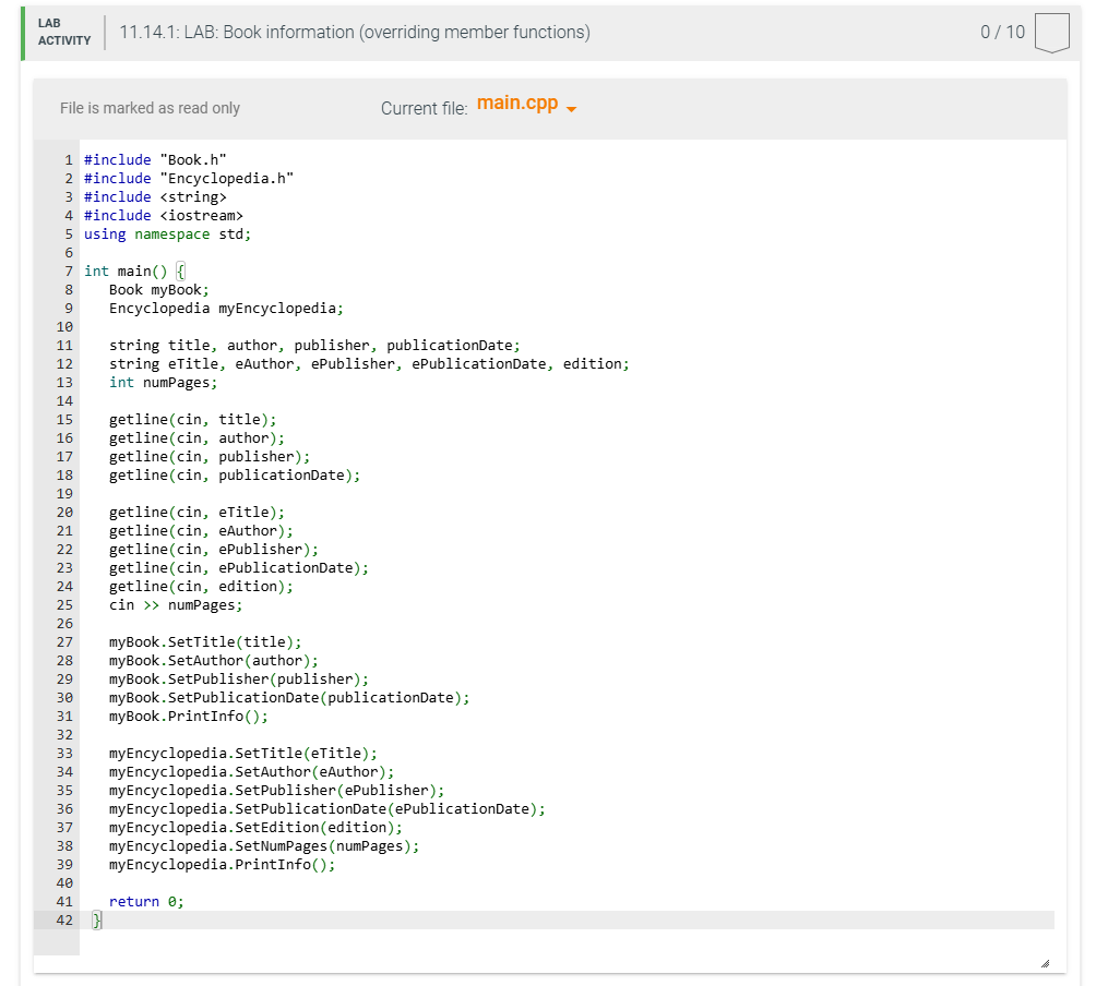 Given main ( ) and a base Book class, define a