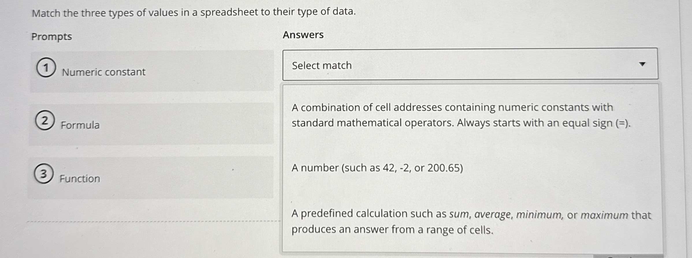 Match the three types of values in a spreadsheet