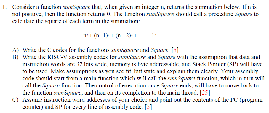 1 . Consider a function sumSquare that, when