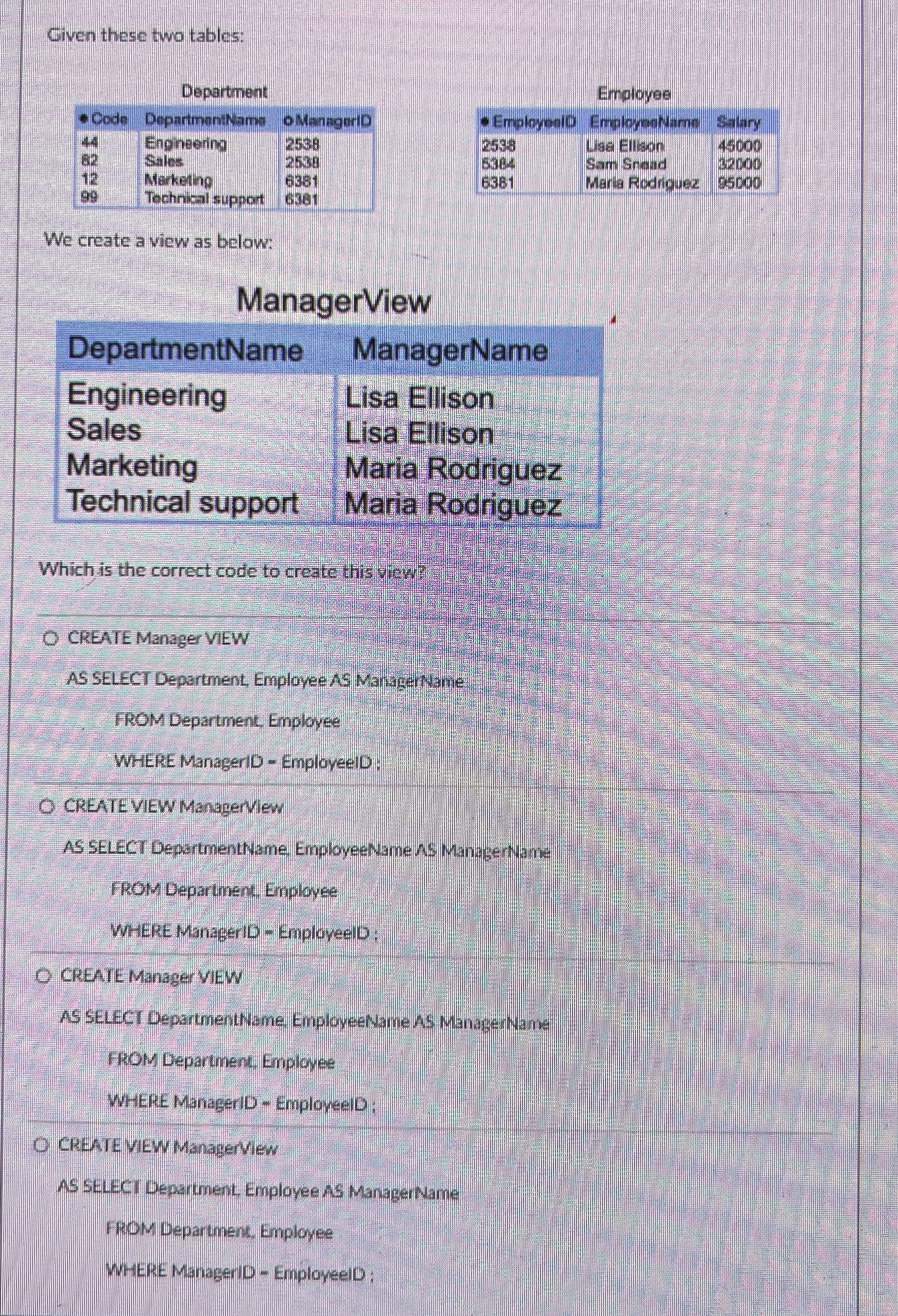 Given these two tables: Departinent Employes \