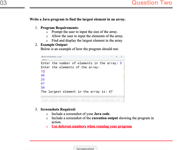 Write a Java program to find the largest element