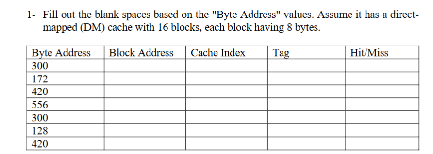 1 - Fill out the blank spaces based on the "Byte