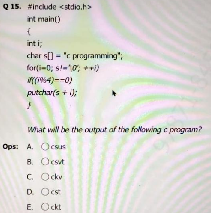 Q 1 5 . #include i s [ ] = { : = 0 ; s ? ' 1 0 '