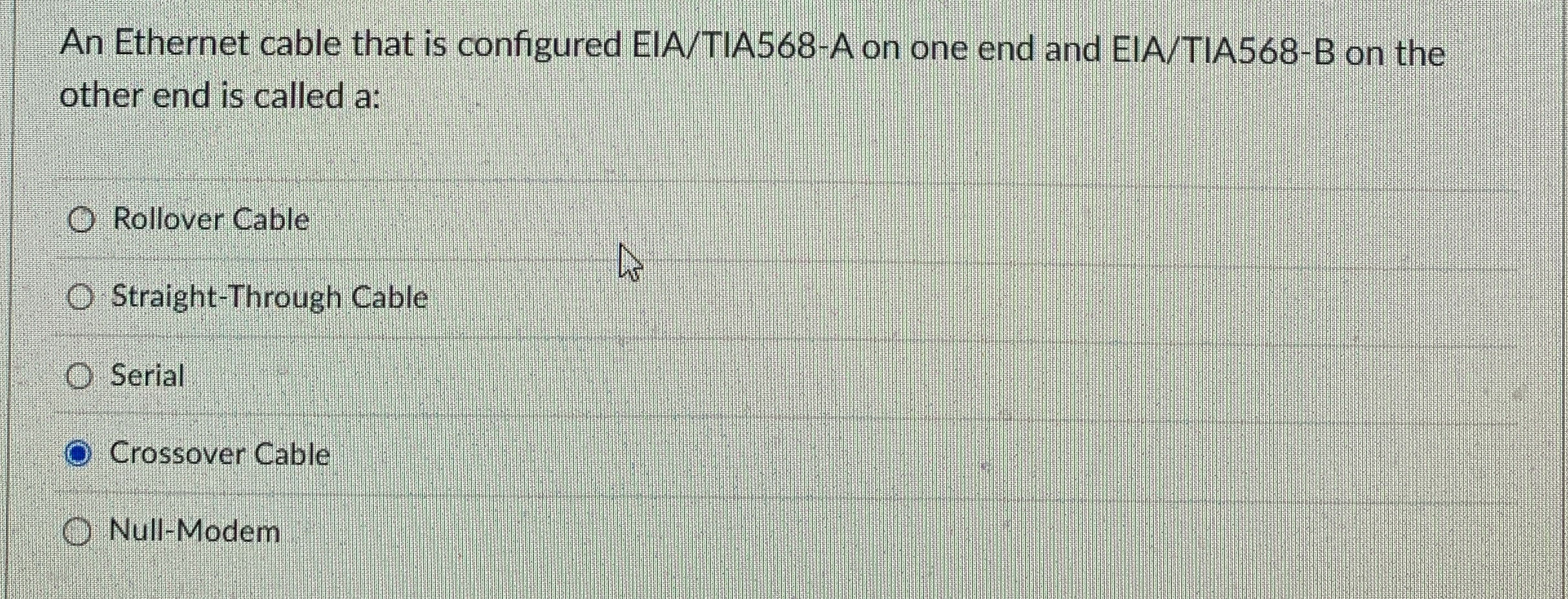An Ethernet cable that is configured EIA / TIA 5