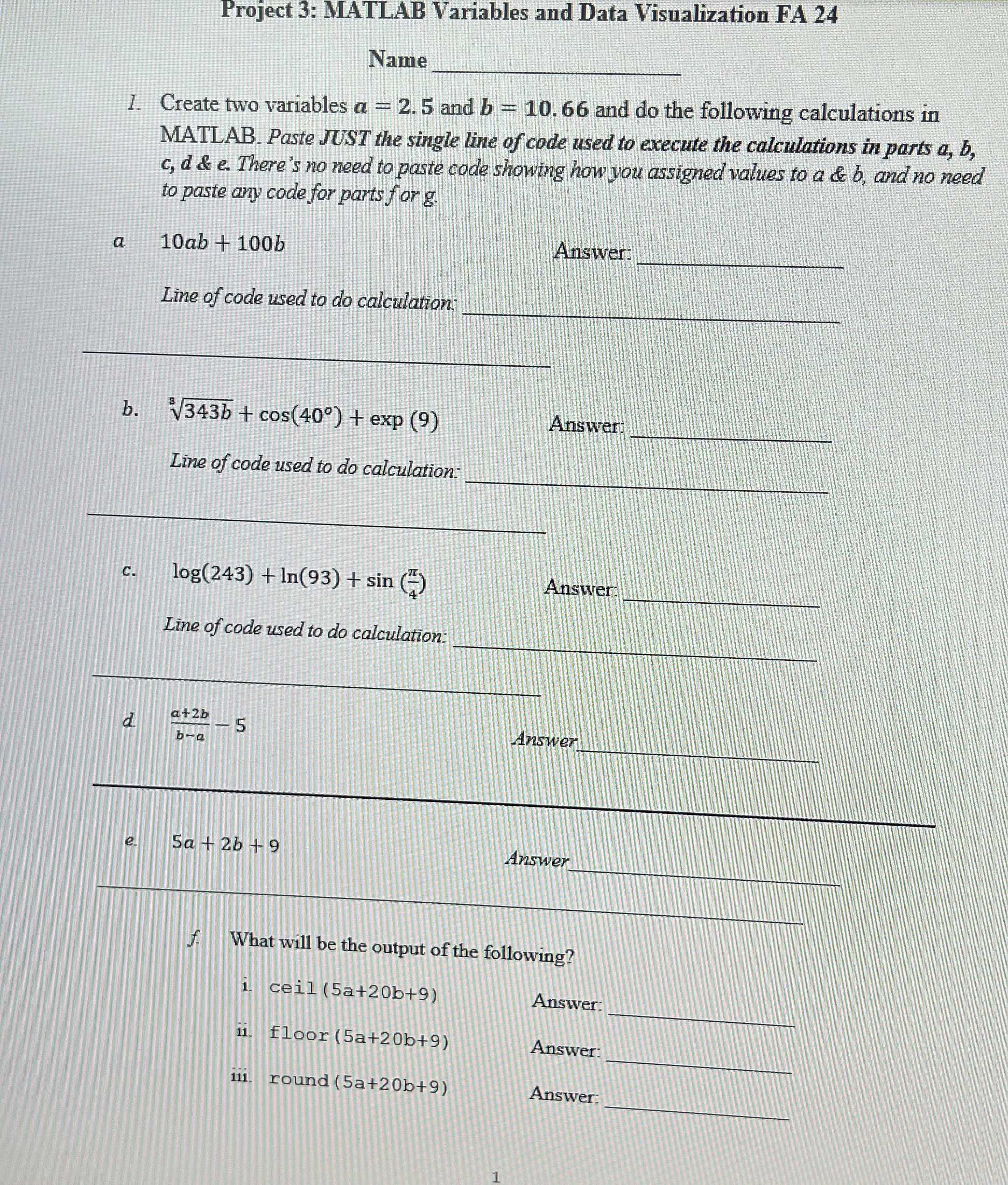 Project 3 : MATLAB Variables and Data