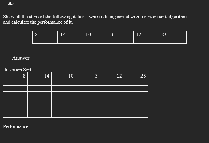 Show all the steps of the following data set when