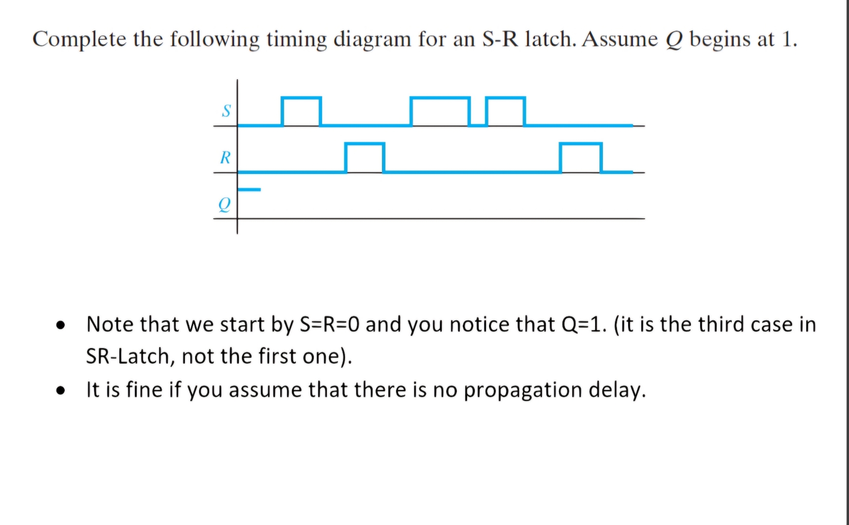 Complete the following timing diagram for an S -