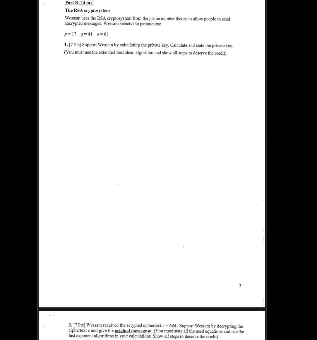 Part B [ 1 4 pts ] The RSA cryptosystem Wessam