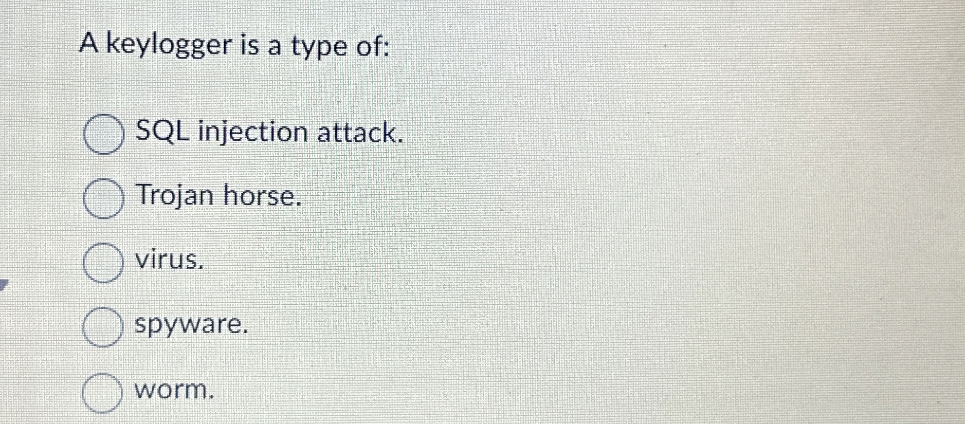A keylogger is a type of: SQL injection attack.