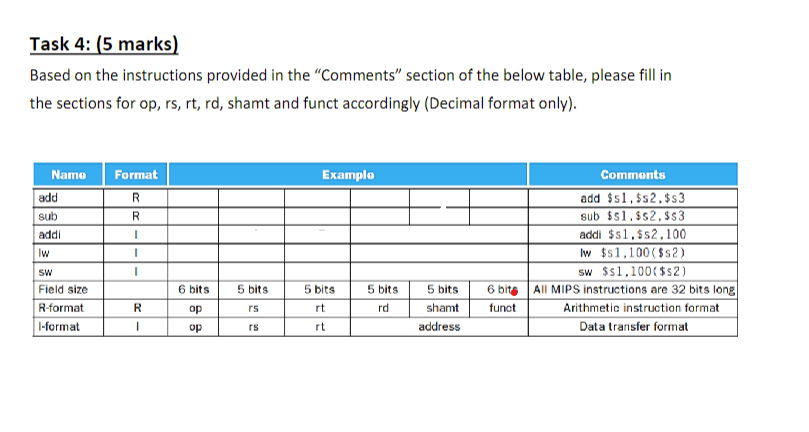 Task 4 : ( 5 marks ) Based on the instructions