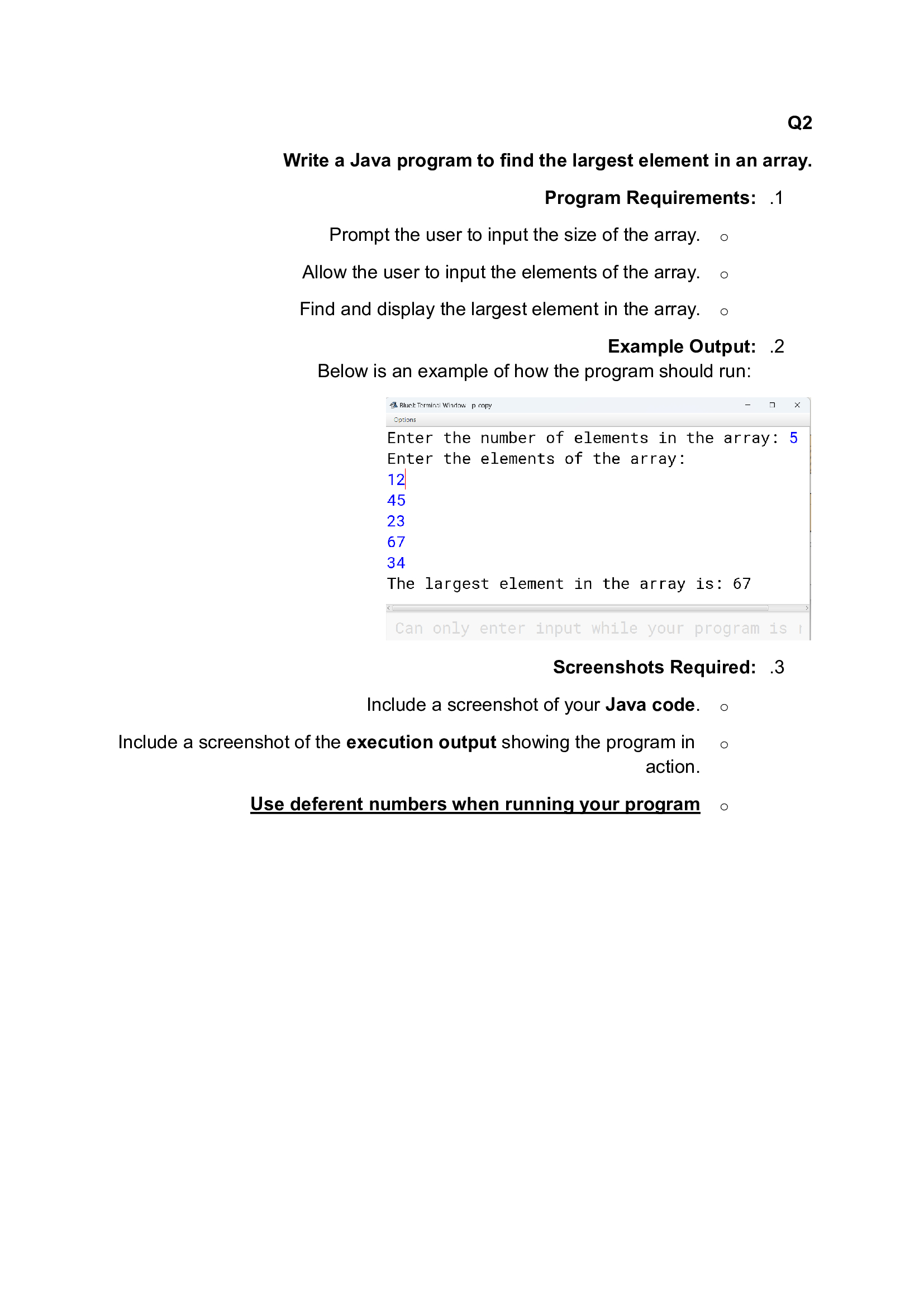 Write a Java program to find the largest element
