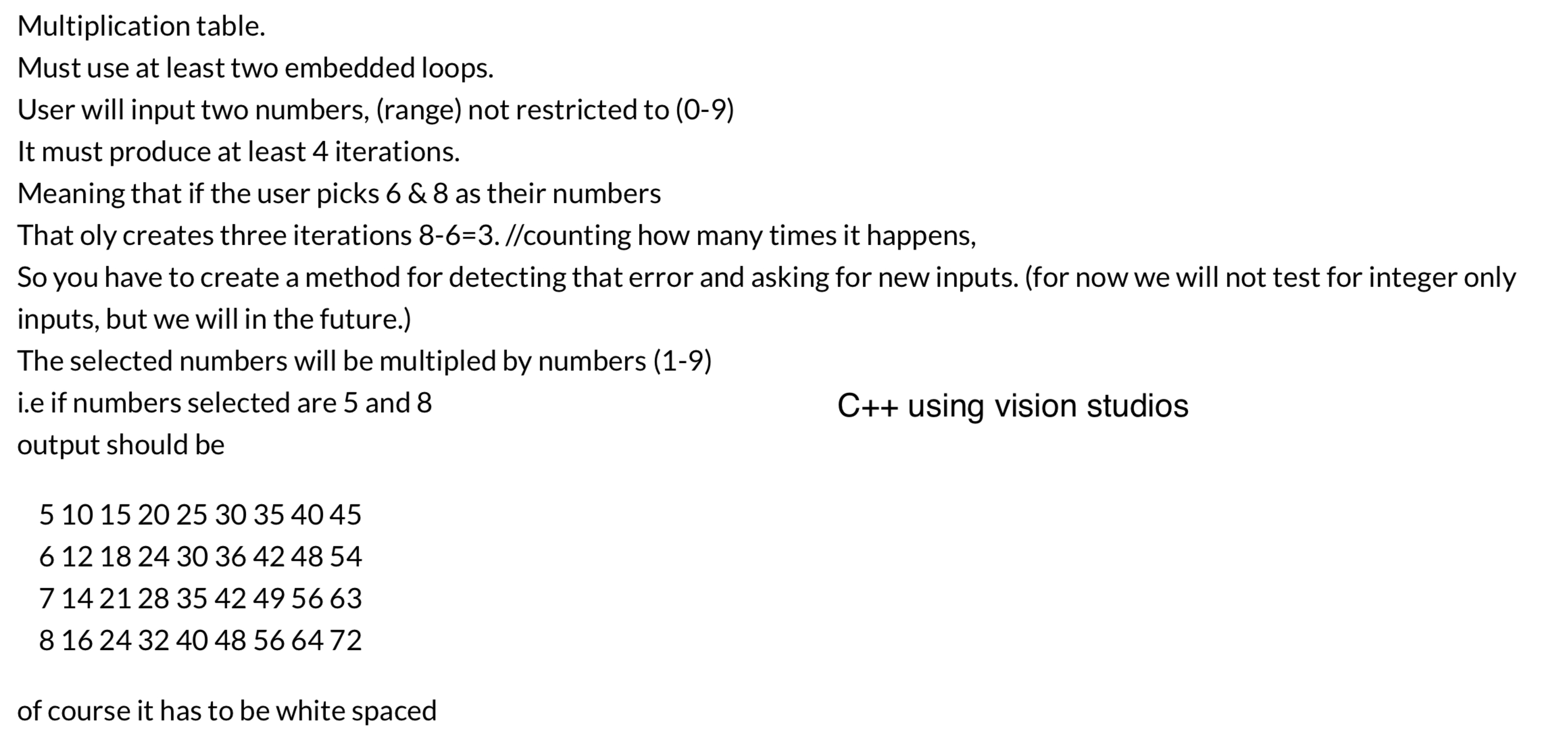 Multiplication table. Must use at least two