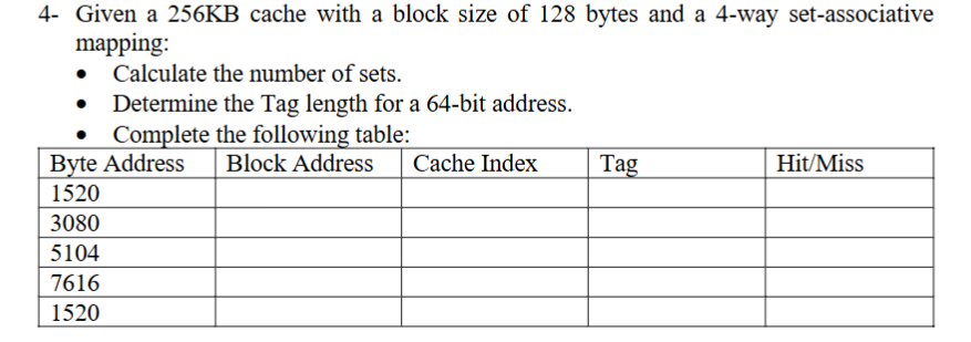 4 - Given a 2 5 6 KB cache with a block size of 1