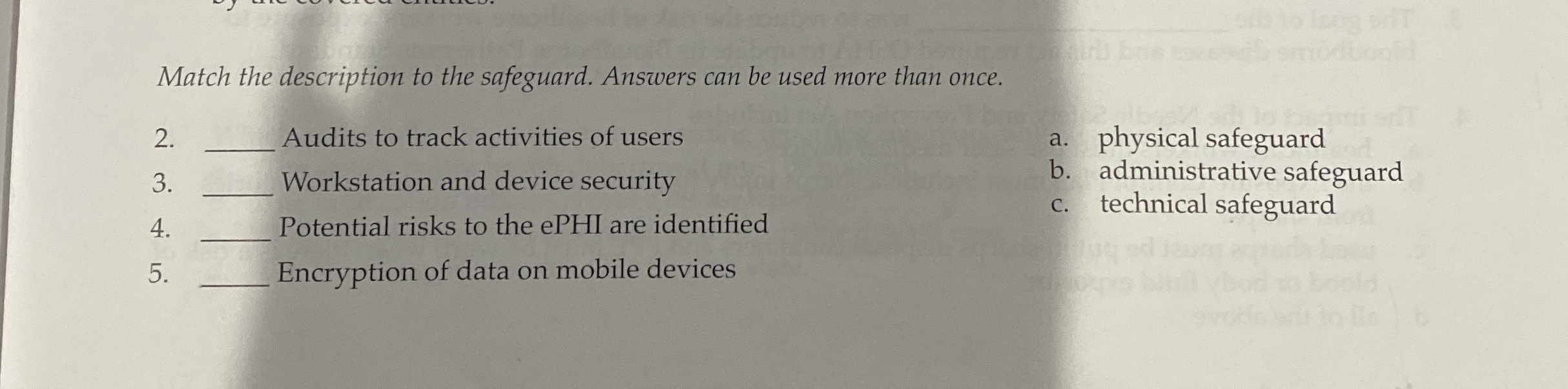 Match the description to the safeguard. Answers