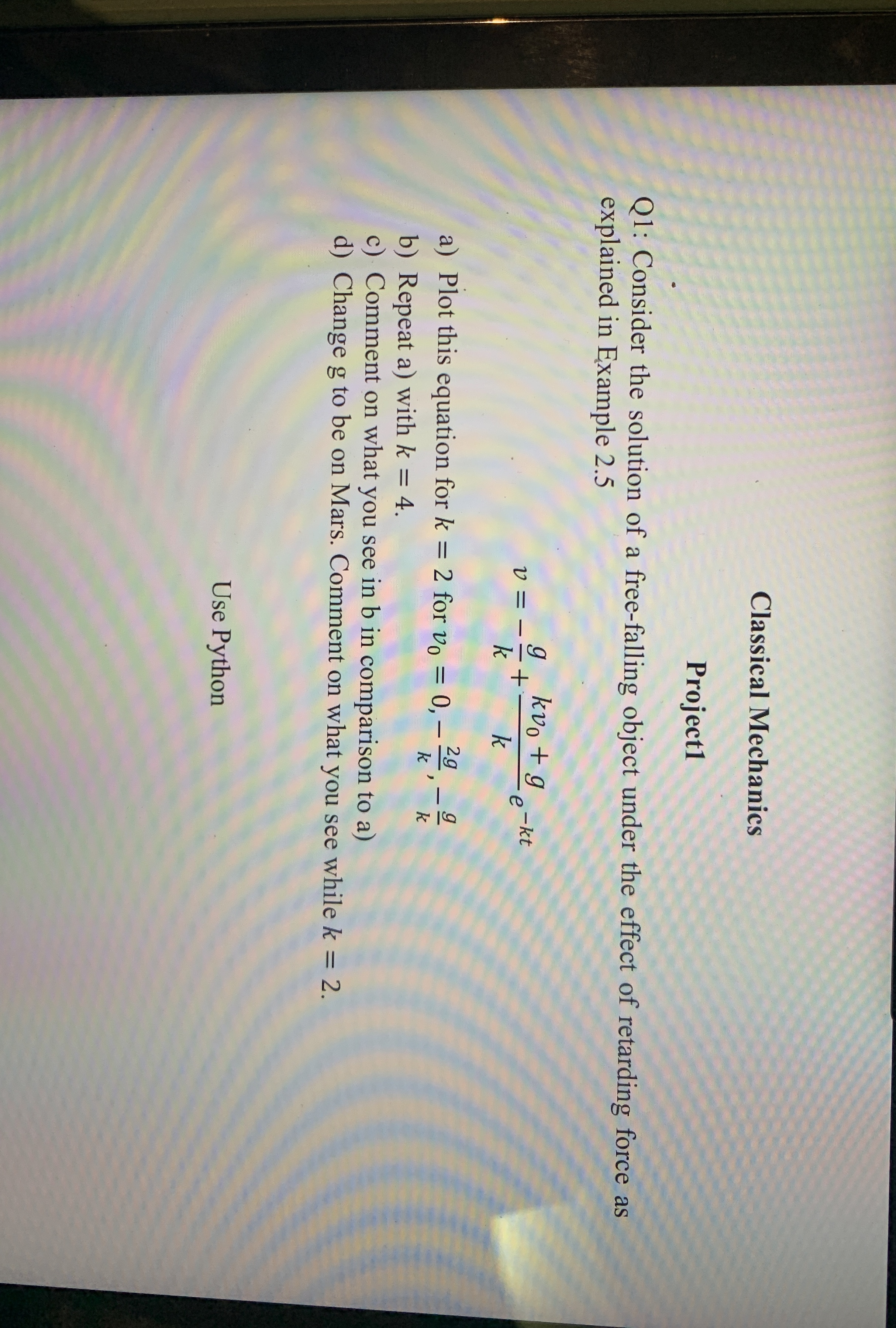 Project 1 Q 1 : Consider the solution of a free -