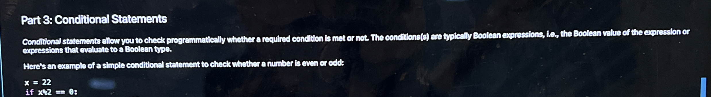 Part 3 : Condlitional Statements Condtional