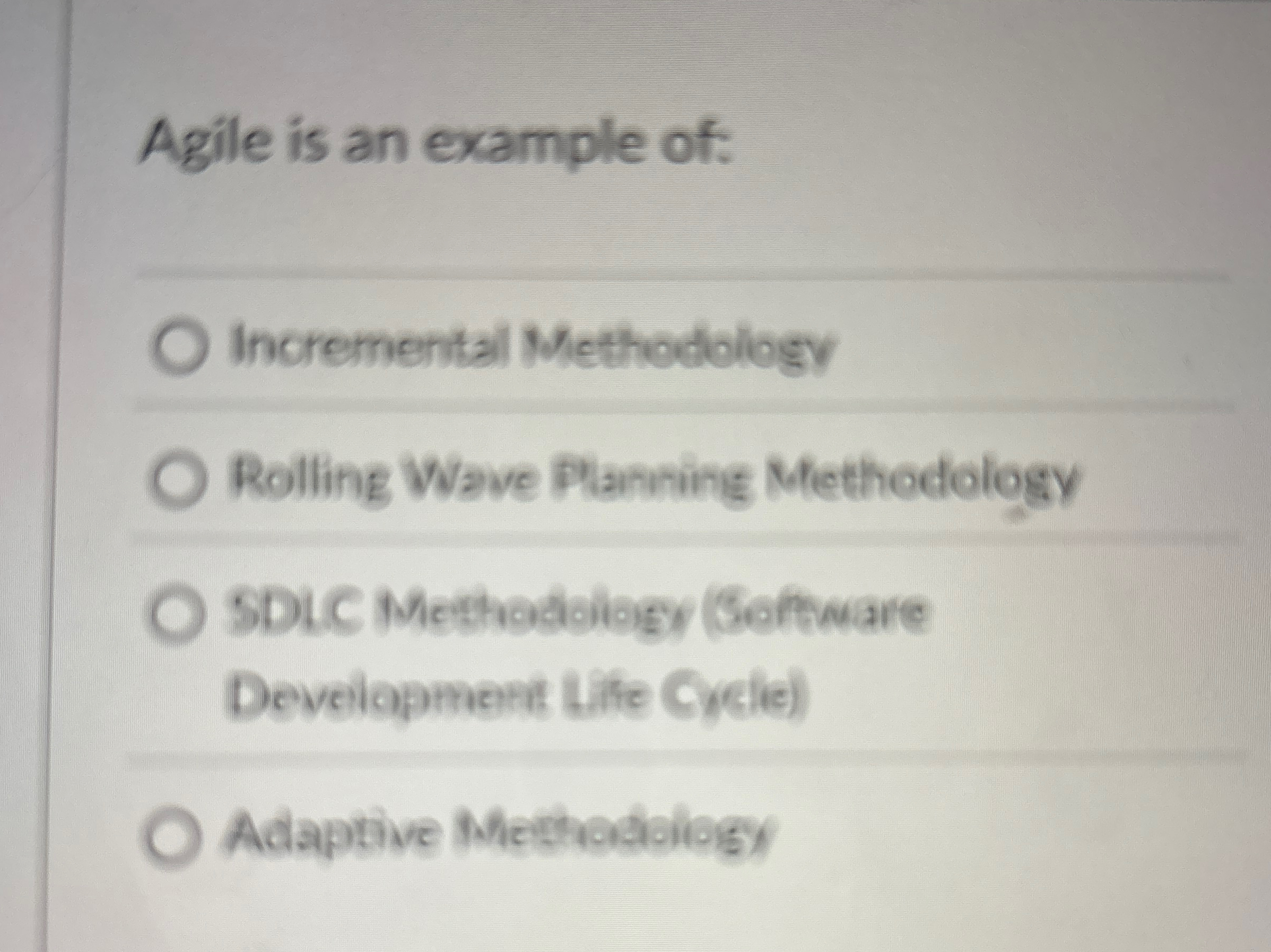 Agile is an example of: Incremental Methodology