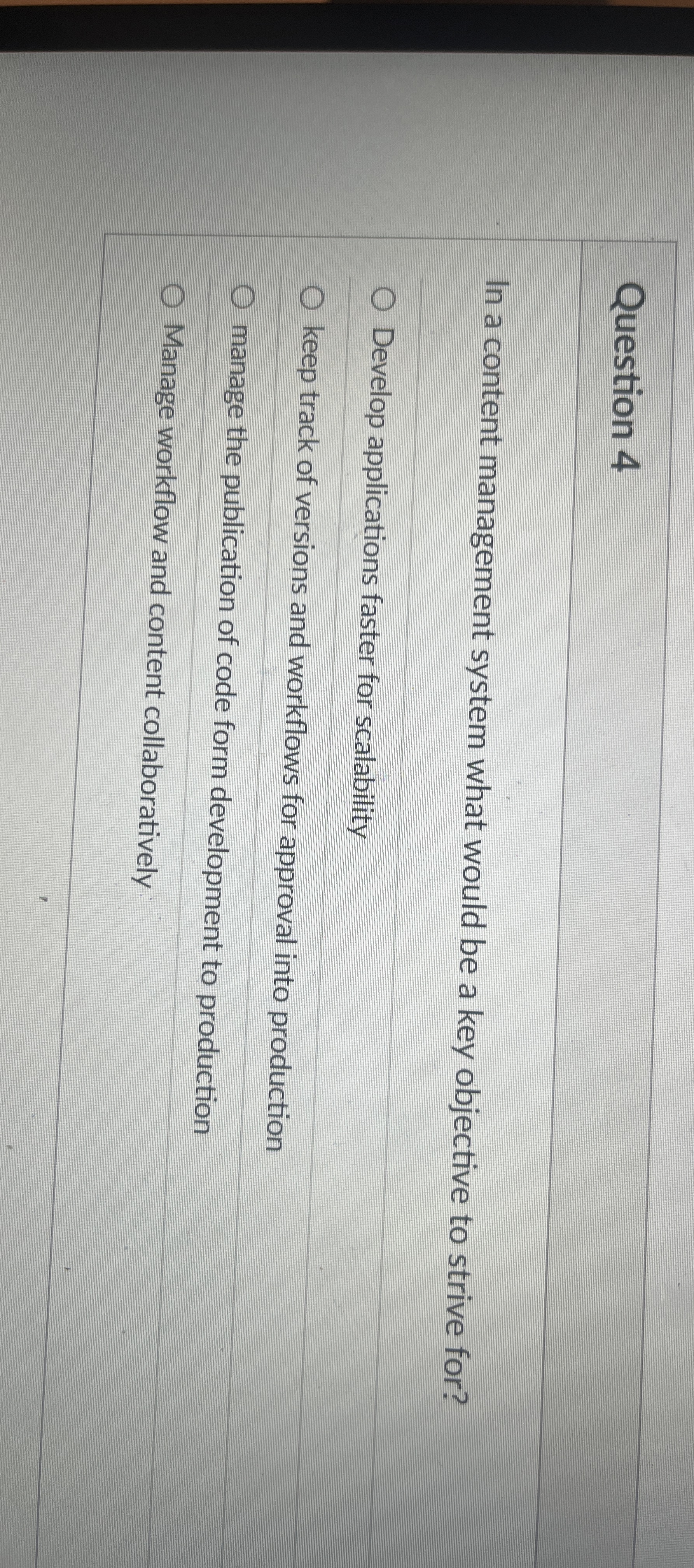 Question 4 In a content management system what