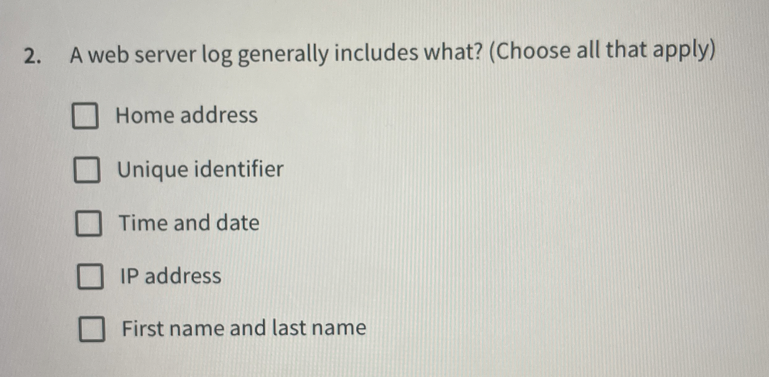 A web server log generally includes what? (