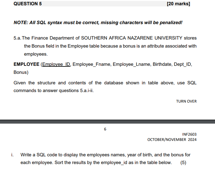 QUESTION 5 NOTE: All SQL syntax must be correct,