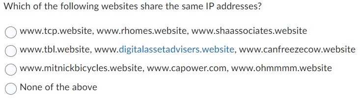 Which of the following websites share the same IP